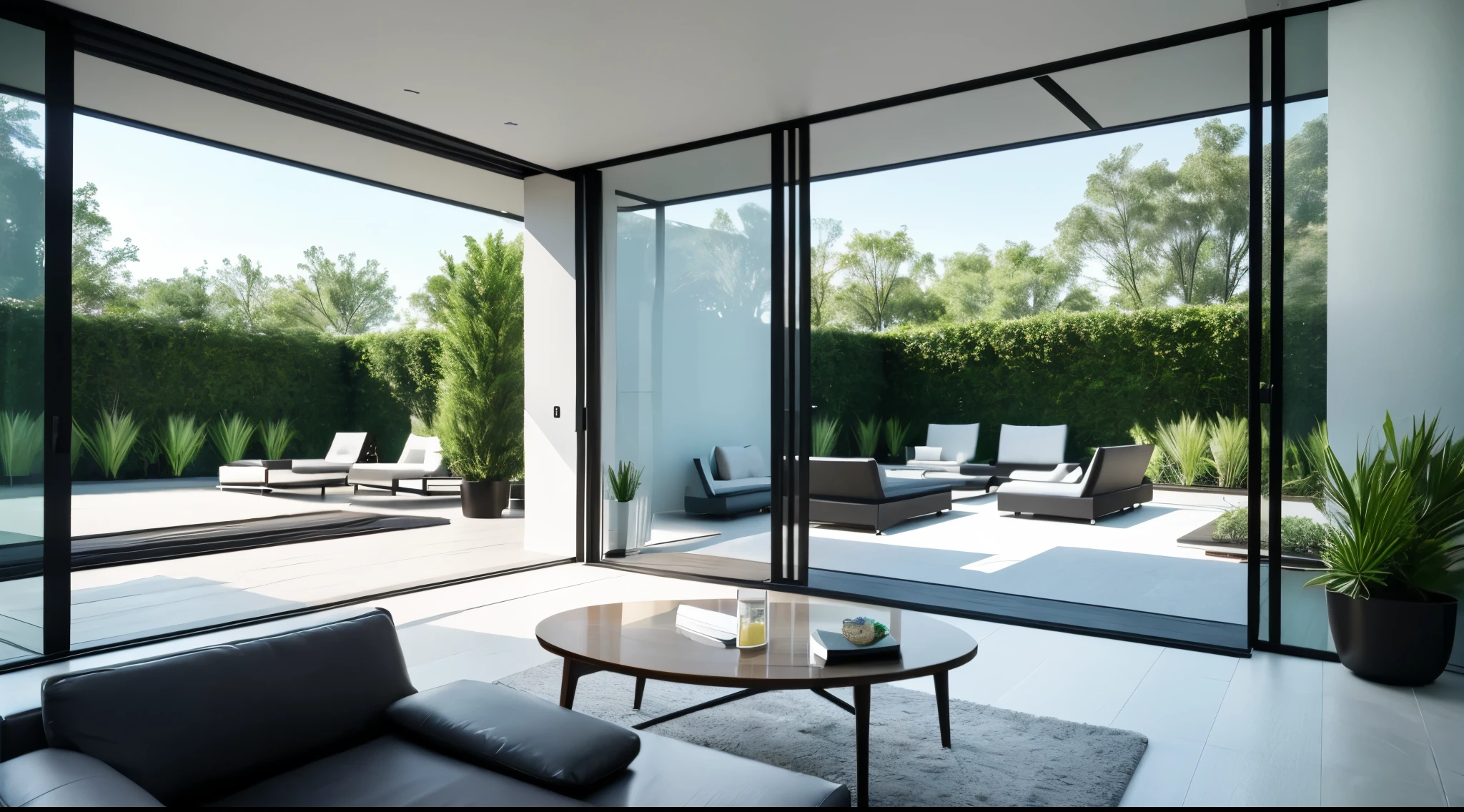You are a famous interior designer、You have been asked to create a 3D image of a modern large room. Create a harmonious environment with modern and minimalist furniture. Including garden interior.