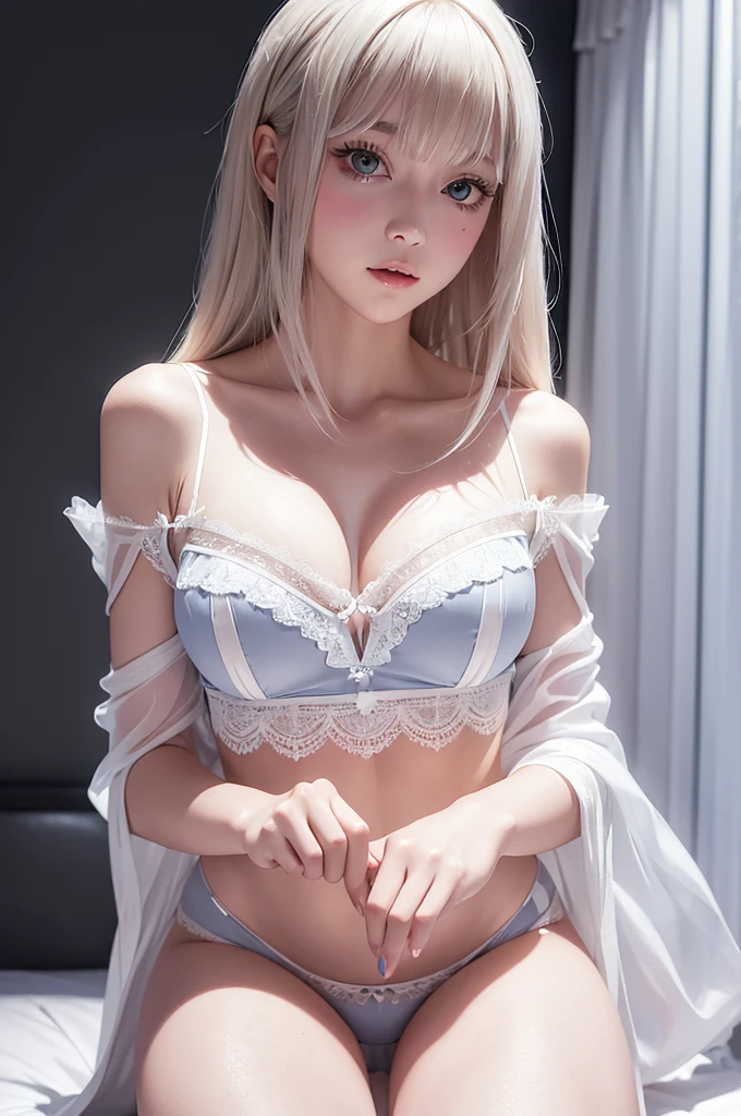 Platinum blonde medium silky bob hair、portlate、ランジェリーを着たプラチナブロンドの髪を持つゴージャスなペトデルの全身portlate,unified correct expression、Young shiny shiny white shiny skin、Best Looks、shiny light hair、Beautiful bangs that shine、Double eyelids、eye liner、Lolita costume，Lace，see-through langerie, The upper part of the body，upper limbs，Laceネグリジェ， bare shoulders in underwear， takeout， (takeoutの，covered in snow，cloaks，)  Crystal clear big blue eyes that shine attractively、cotton transparent lace nightwear and panties,a small face、Very beautiful and lovely cute  Eastern European girl、very big bust