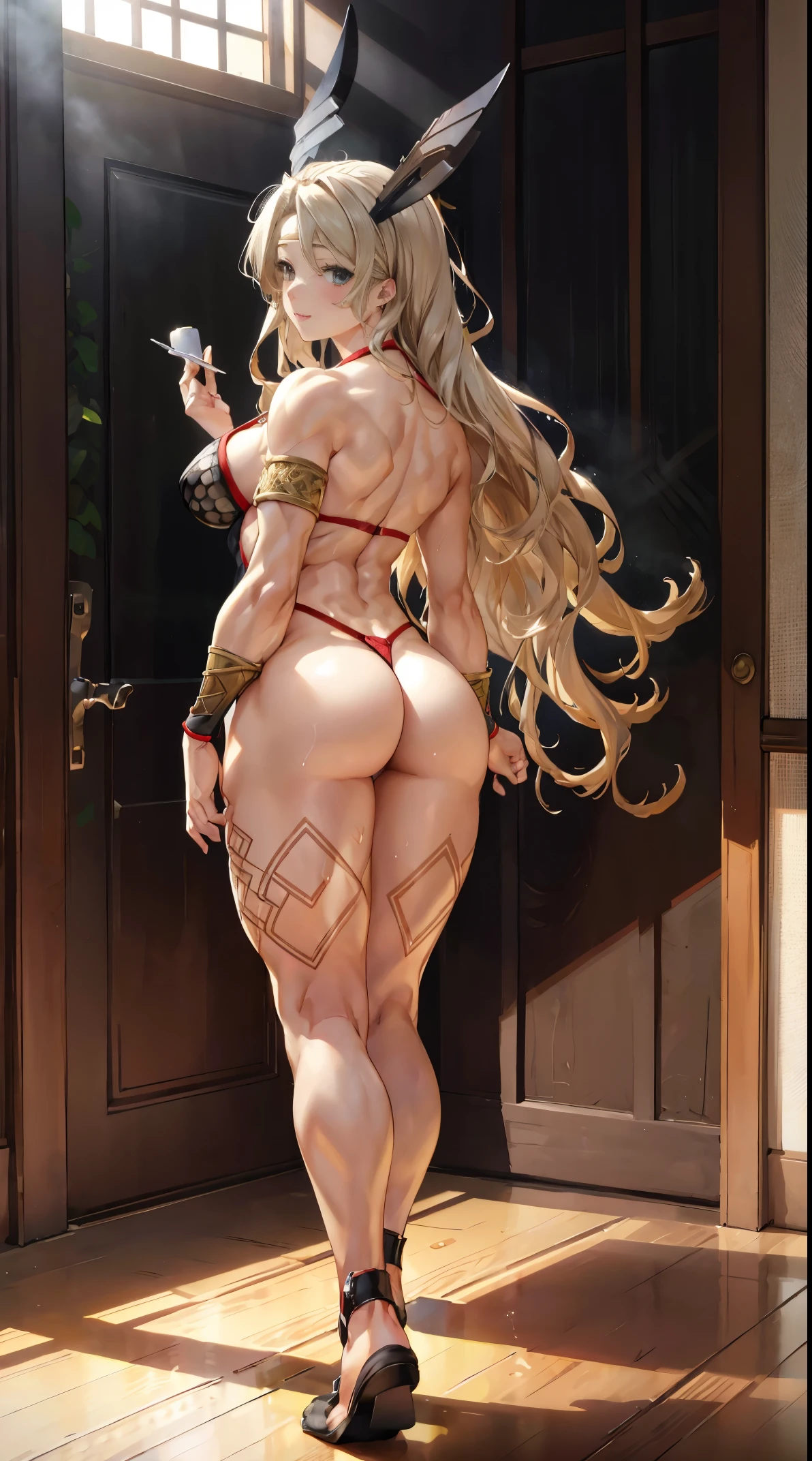 8K, 4K, Best Quality, High resolution: 1.2), (Masteristic, Realistic, Photoreal: 1.4), One Woman, Beautiful face, she is smiling、Shining Lipin Eyes, Beholder, Fair skin, White skin: 1.5), fine complexion, full body Esbian,, Big, Big, ridiculously long hair, Blonde hair color、Bangs, Hair ornaments, with two sides up,, 年轻, T-Back、s asack-view、お尻に食い込むT-Back、She just wears a thong in return、big butts、Ultramammy、H-cup、Exposed nipples、It emphasizes your butt、full of sweat、Tied with a rope、Amazon Female Warrior、Amazon、has a halberd