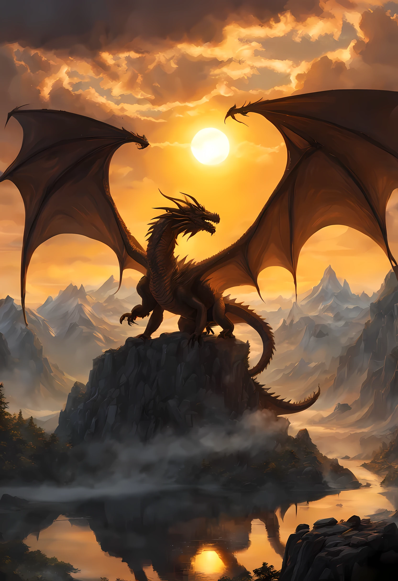 antasy art, dnd art, RPG art, wide shot, (masterpiece: 1.4) a silhouette of a dragon that spread his wings on top of a mountain as the sun rises behind him. reflection light, high details, best quality, 16k, [ultra detailed], masterpiece, best quality, (extremely detailed), the sun (cast a shadow behind the dragon: 1.5), sun rays, clouds, ultra wide shot, photorealistic, RAW, fantasy art, dnd art, fantasy art, realistic ar