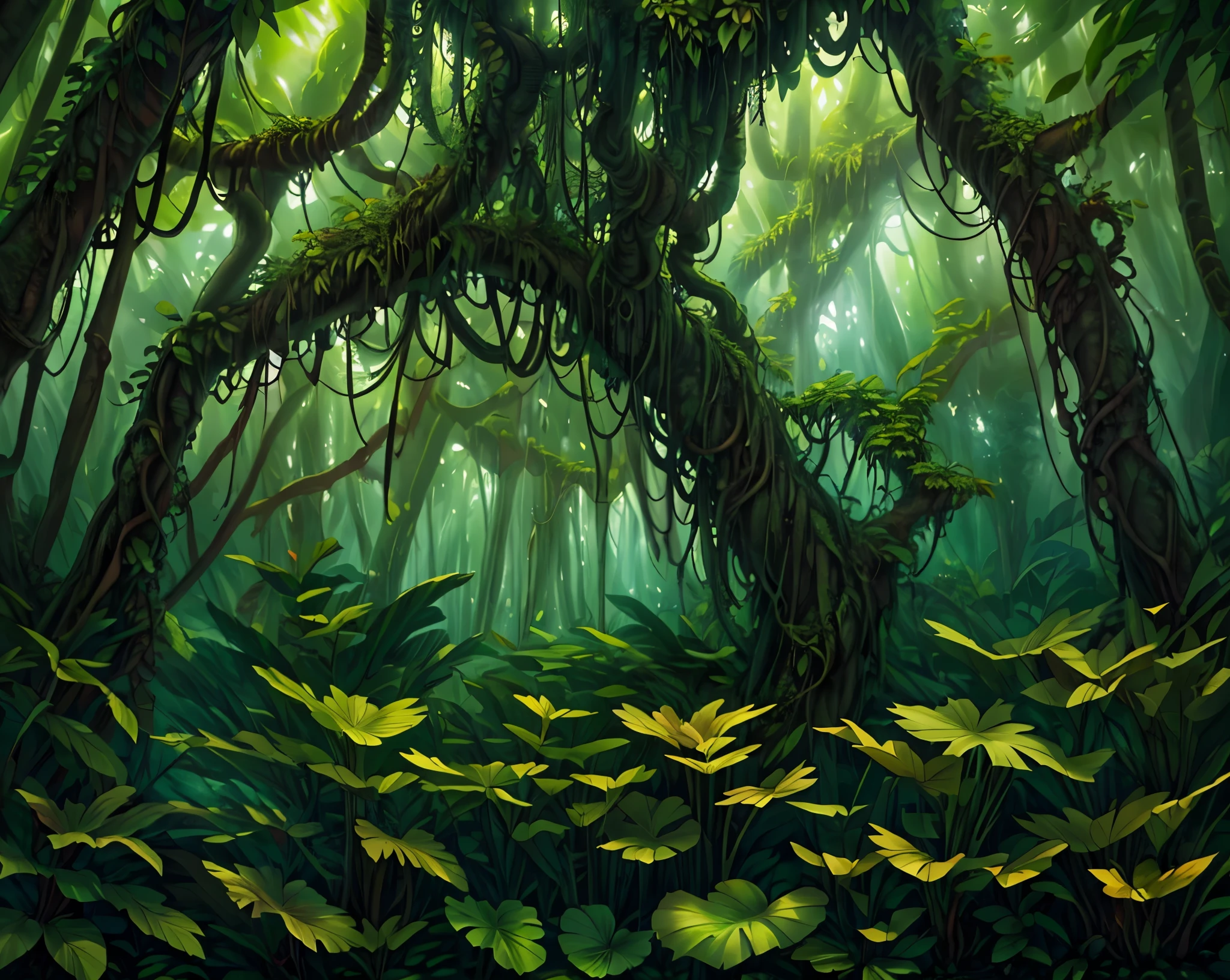 (La mejor calidad,Altas Resoluciones,Obra maestra:1.2),dense jungle with fantasy plants,flores rojas y enredaderas espinosas, Trees with sunlight streaming through the leaves., colores vibrantes, Atmospheric Illumination, Mysterious atmosphere, Follaje detallado, Ethereal aesthetics, magical atmosphere, Paisaje surrealista, dreamy atmosphere, Texturas intrincadas, Belleza encantadora, Elementos caprichosos, lush greenery, mystical vibes.