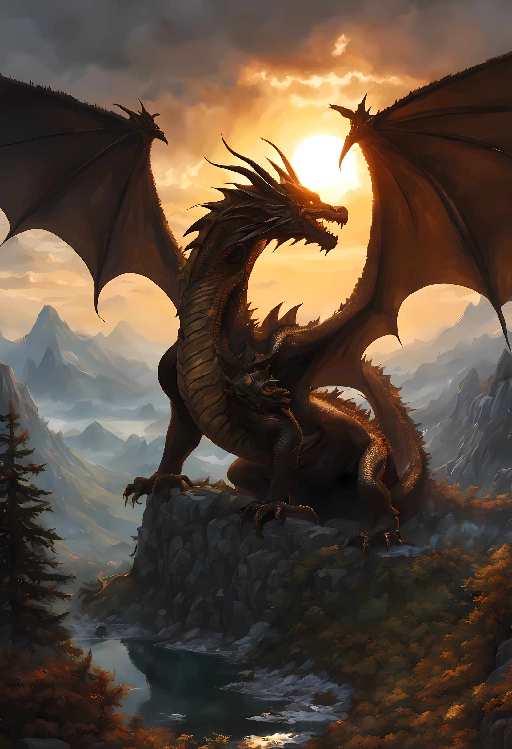 antasy art, dnd art, RPG art, wide shot, (masterpiece: 1.4) a silhouette of a dragon that spread his wings on top of a mountain as the sun rises behind him. reflection light, high details, best quality, 16k, [ultra detailed], masterpiece, best quality, (extremely detailed), the sun (cast a shadow behind the dragon: 1.5), sun rays, clouds, ultra wide shot, photorealistic, RAW, fantasy art, dnd art, fantasy art, realistic ar