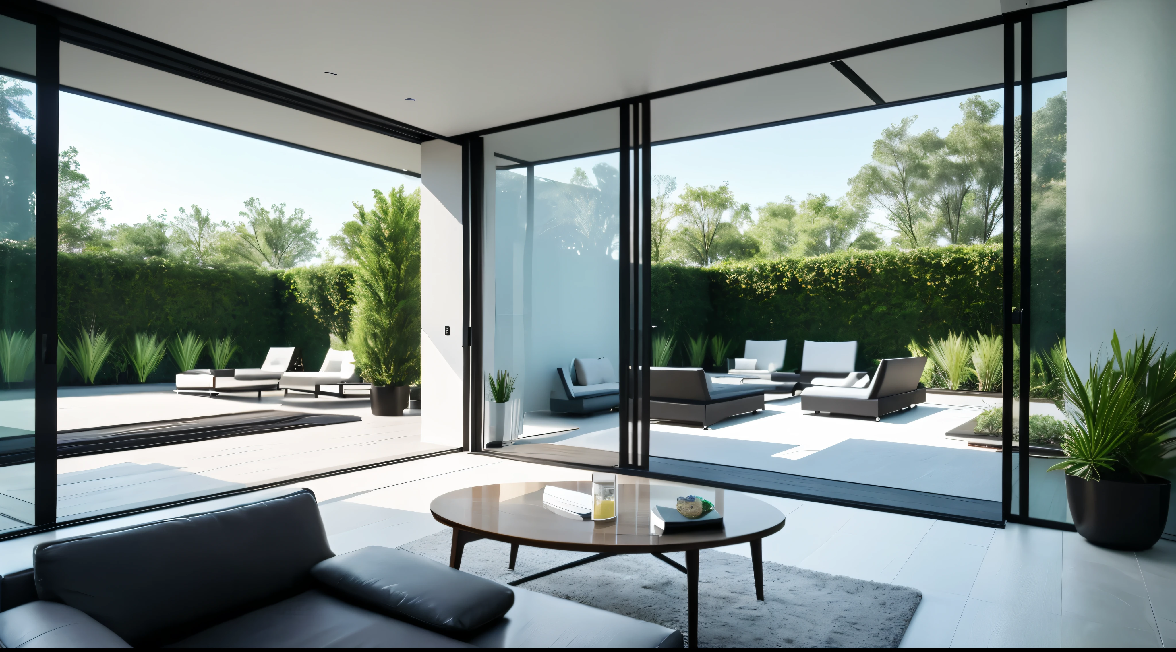 You are a famous interior designer、You have been asked to create a 3D image of a modern large room. Create a harmonious environment with modern and minimalist furniture. Including garden interior.