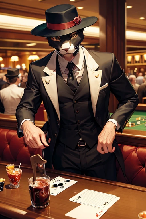 um gato, animal furry, mafioso in hat, in a casino area