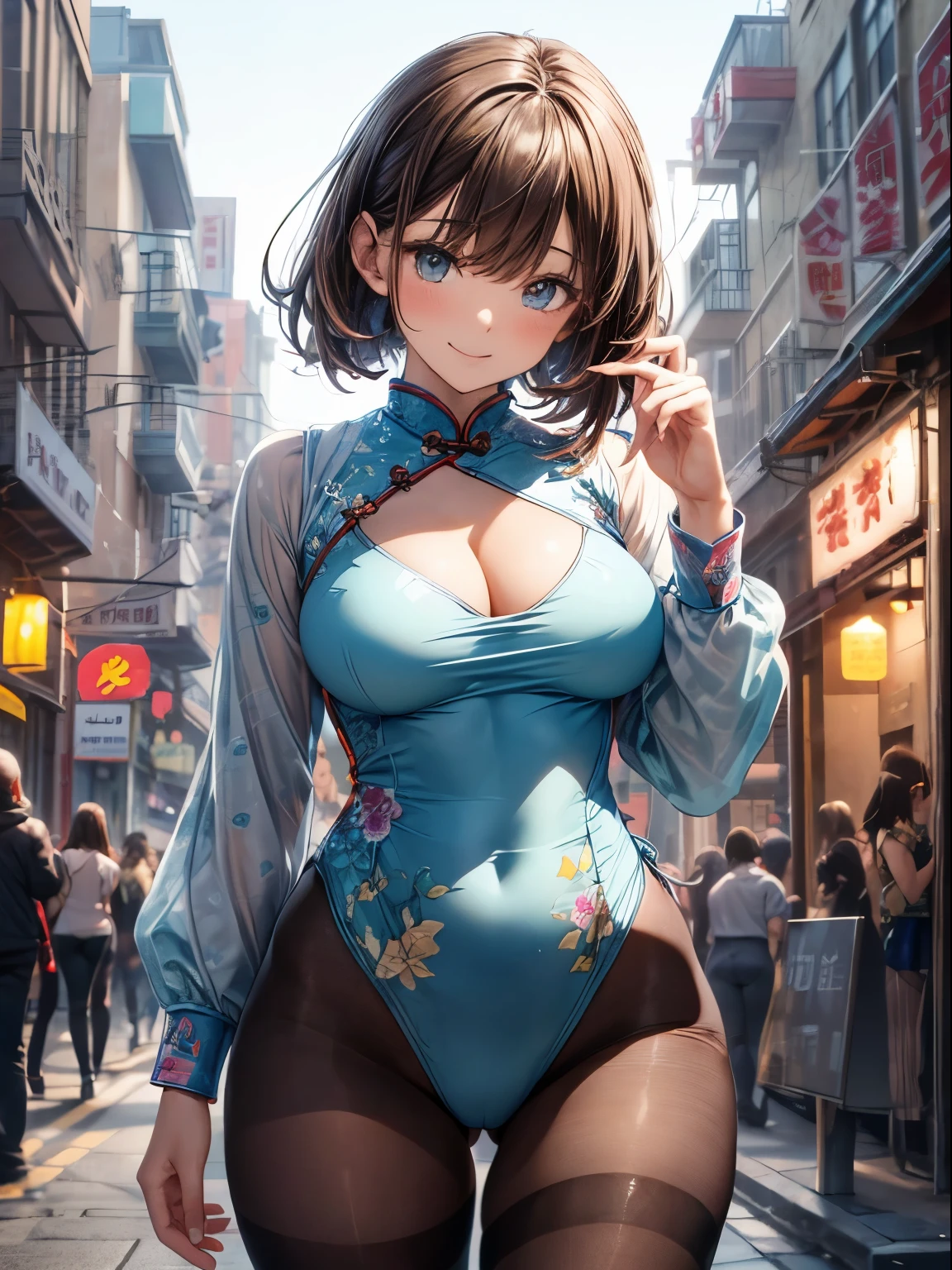 top-quality、Full limbs、complete fingers、((one beautiful women))、Beautiful busty woman、Shorthair woman、poneyTail、Woman with dark hair、((light blue cheongsam leotard:1.3))、Chinese pattern leotard、((Brown pantyhose:1.2))、A big smile、Chinatown streetscape