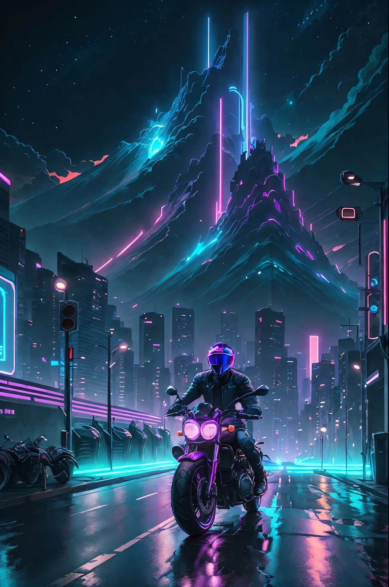 Add a man in a motorcycle retrowave. city, car, road, purple neon lights, sun, mountain,
(masterpiece,detailed,highres),