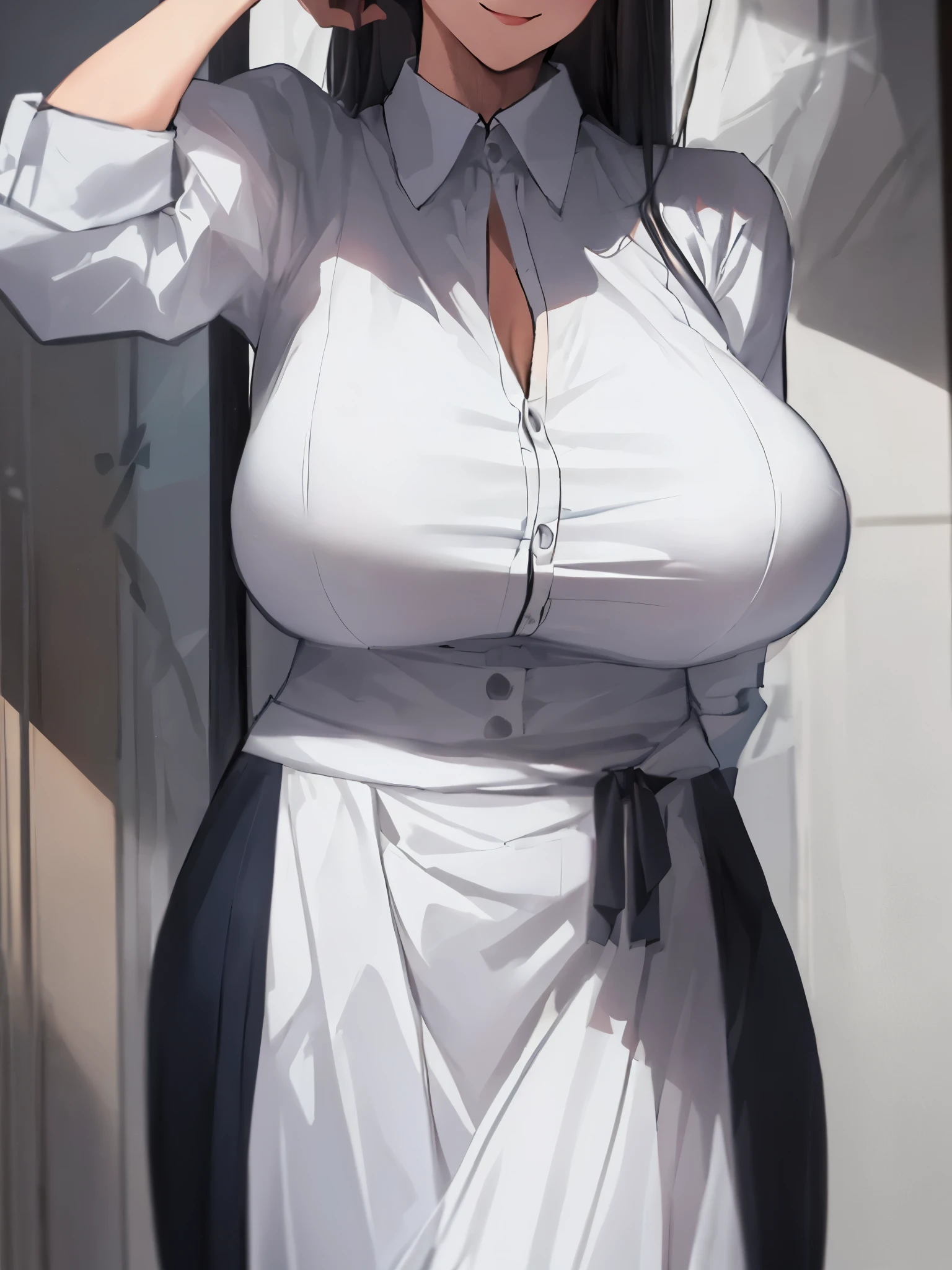 masterpiece:1.2, 1women, (38yers old), (best quality), (real picture, intricate details, depth of field), highly-detailed, perfect face, (eyes closed, kind smile), (huge breasts:1.8), attractive waist, tall, toned abdomen, (extra long black hairs:1.2), sexy, Disproportional tits, hanging breasts, (formal maid suit, closed maid suit), (floor-length skirt), the hands are rolled up, (hides a strand of hair behind the ear),