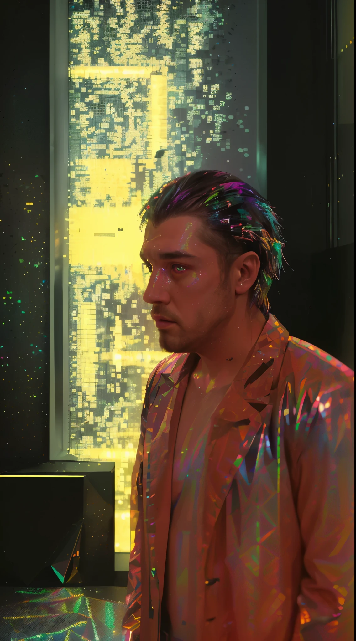 a sad man, analog photo, dark shot, low key, action, reflections on the wall background, abstraction atmosphere, (prismatic, holographic:1.2), sparkles, neon pixels, (neon light:1.1), chaotic, fashion magazine, (intricate details:0.9), (hdr, hyperdetailed:1.2)