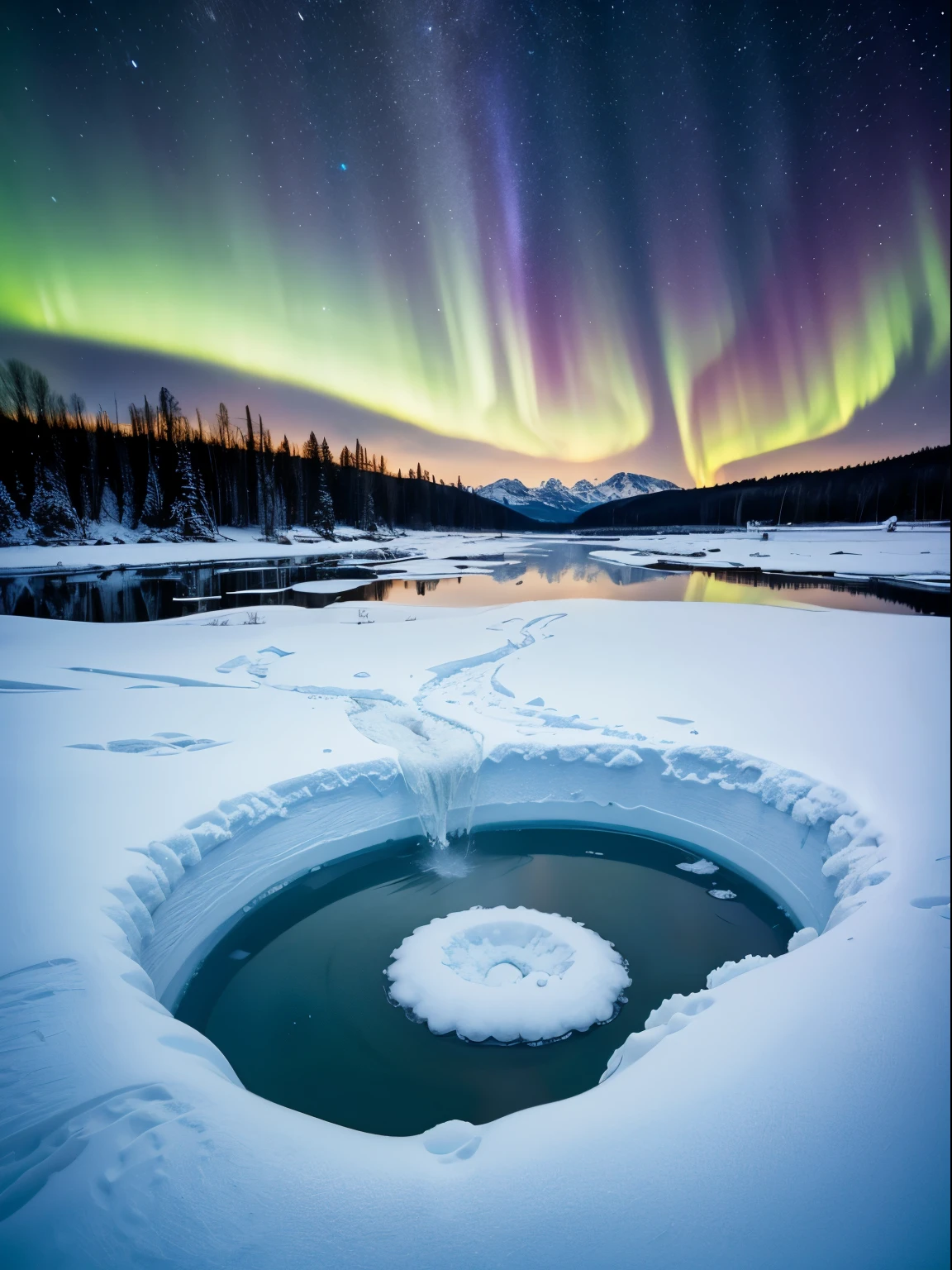 An ice bath hole of cold water in a frozen lake, winter snowy landscape. Starry night, northern lights