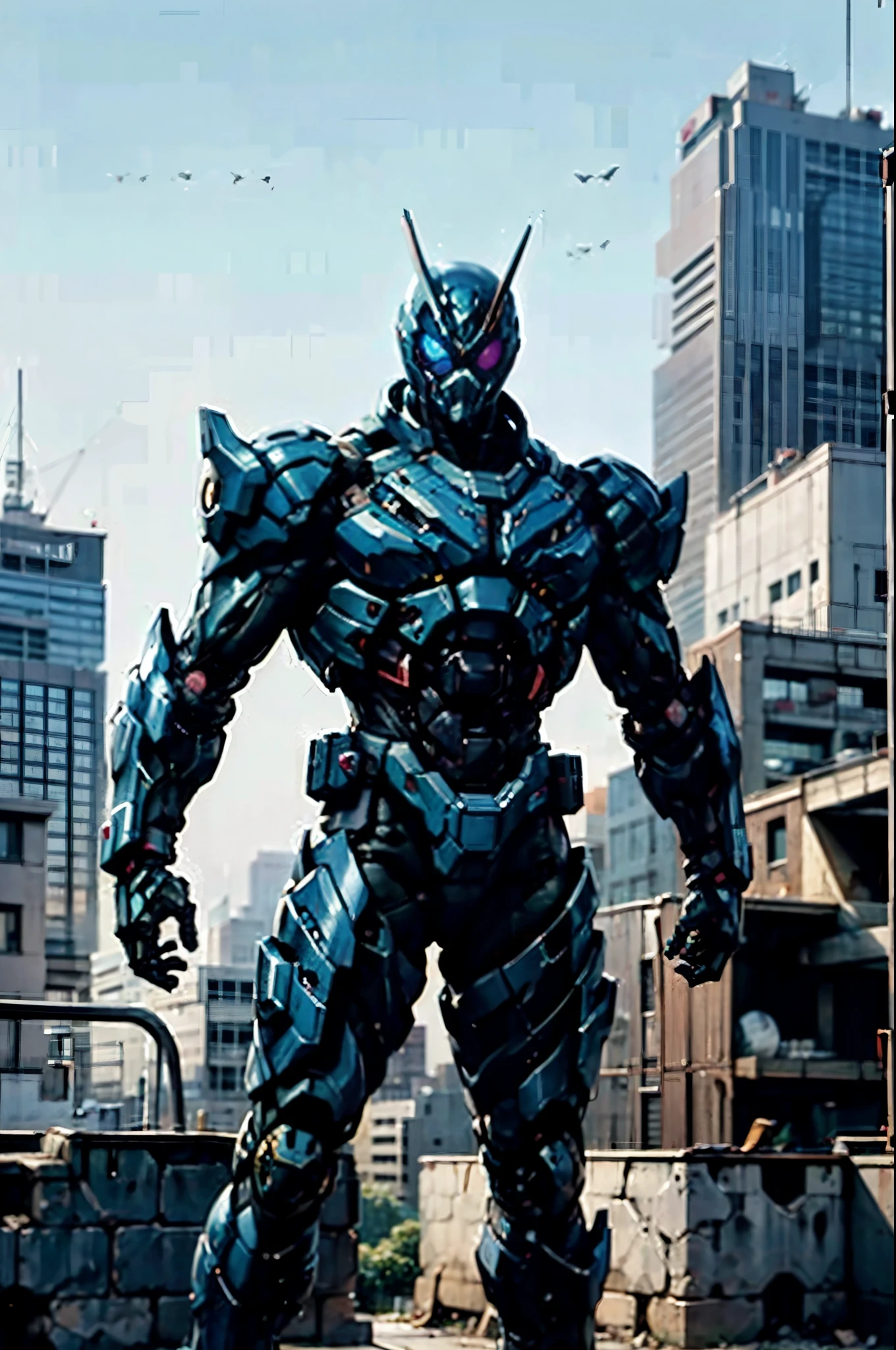 A super a high-tech biotech battle suit, standing on a rooftop, looking over the city, Japanese tokusatsu and American comic style, biometallic texture of the suit, sleek and shiny, dynamic, fast, natural light, cinematic, high quality, high resolution, high detail, sophisticated design, dramatic, high definition, ultra-detailed, ultra-fine painting, extremely delicate, creativity, Natural light, cinematic lighting, best shadow, masterpiece-anatomy-perfect