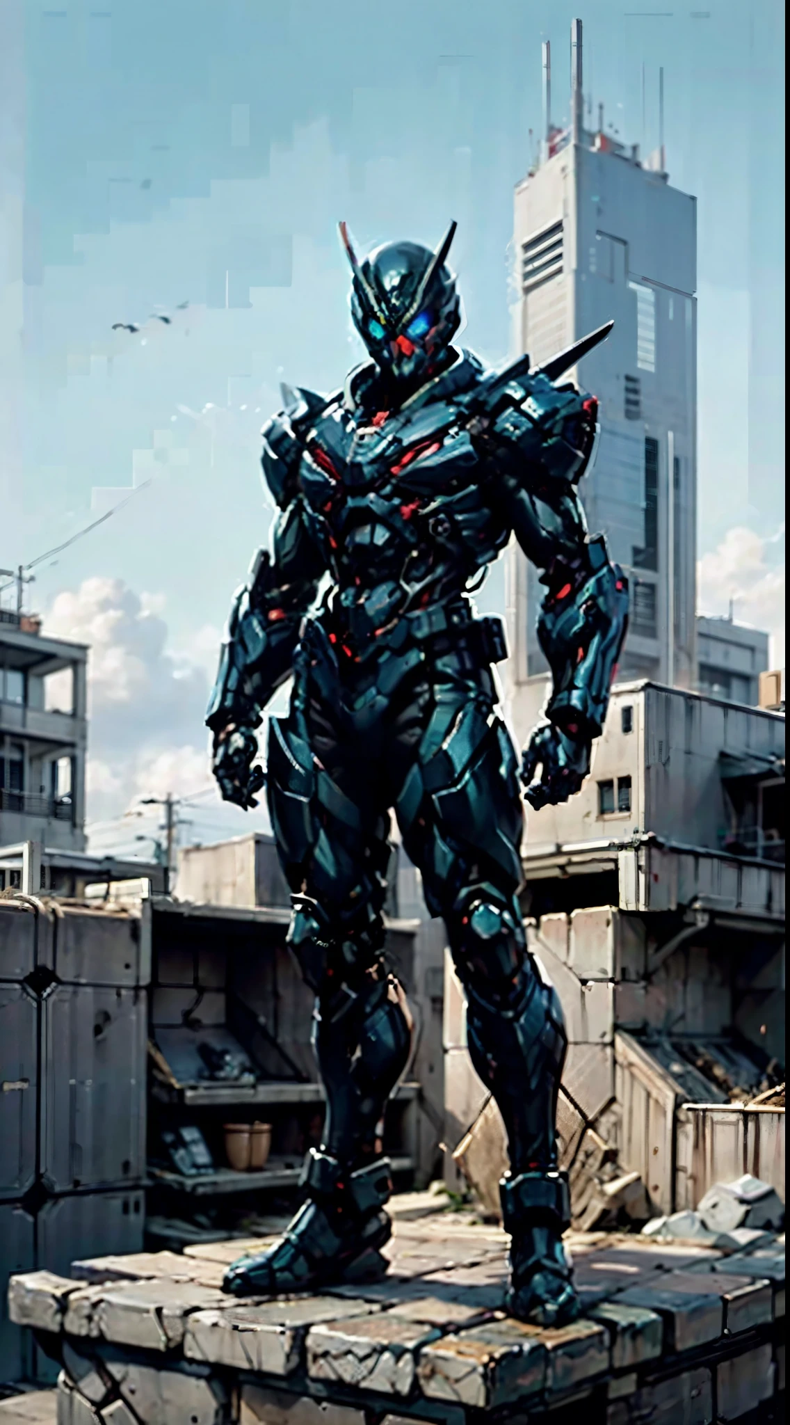 A super a high-tech biotech battle suit, standing on a rooftop, looking over the city, Japanese tokusatsu and American comic style, biometallic texture of the suit, sleek and shiny, dynamic, fast, natural light, cinematic, high quality, high resolution, high detail, sophisticated design, dramatic, high definition, ultra-detailed, ultra-fine painting, extremely delicate, creativity, Natural light, cinematic lighting, best shadow, masterpiece-anatomy-perfect