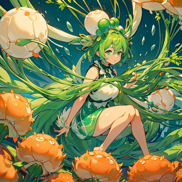 （A jelly-packing girl floats with a procession of large spring roll jelly balls.）、Amazing dynamism、Amazing Angle、unstable buoyancy sandstorm、((Many friendly oversized green onions floating and branching out))、(((surround each other&#39;bursting extra large crab)))