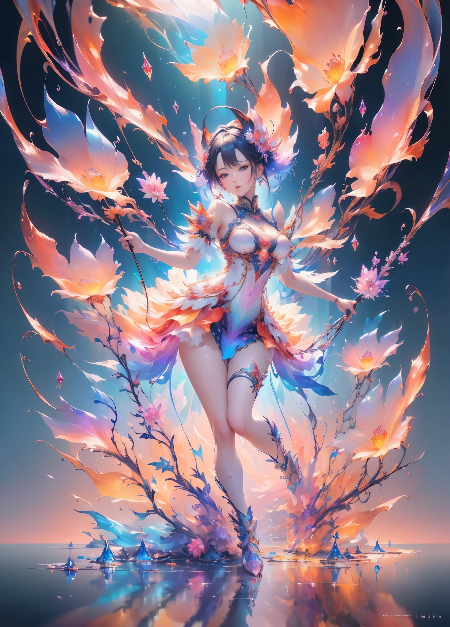 (tmasterpiece, quality, Best quality at best, offcial art, Beautiful and beautiful:1.2), (1 girl:1.3), The is very detailed,(s fractal art:1.2),Colorful,The most detailed,(Tangled:1.2), (dynamicposes), (abstract backgrounds:1.5), (traditionalcostumes:1.2), (Glossy glossy skin), (Lots of colors:1.4), The upper part of the body