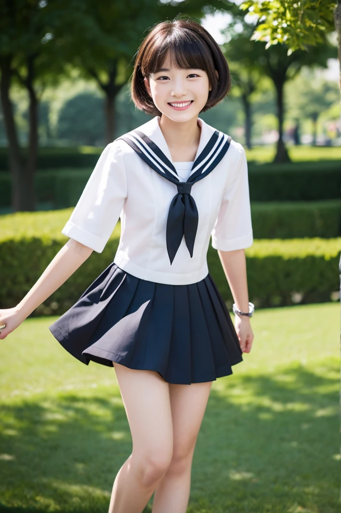 top-quality、masterpiece、hight resolution、4K、real 18 year old woman、Black sailor suit、Pleated mini-skirt a park、a smile、Shorthair、1girl in、