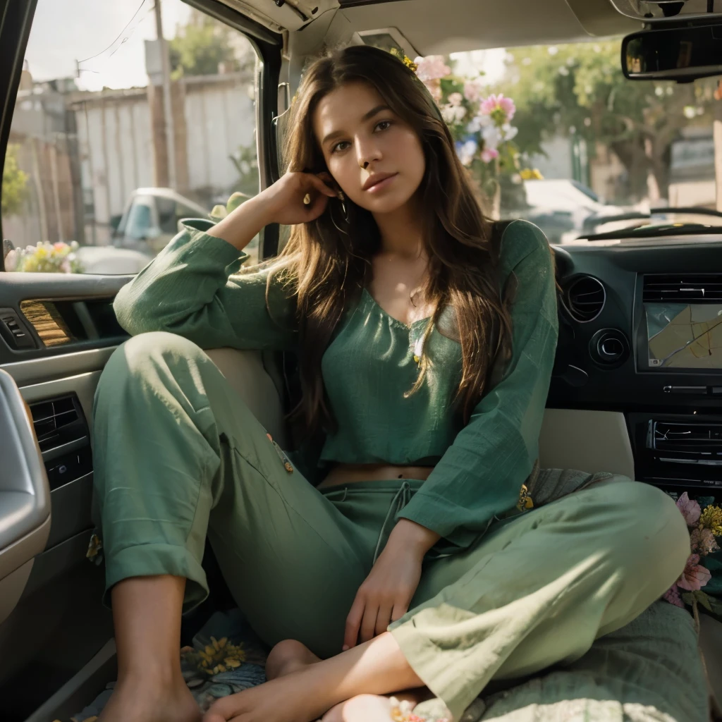 Girl in hippie van, beautiful, 8k, ultrarealistic, perfect texture, masterpiece, wearing long pants, green top, she is barefoot, her hair is brown with flowers, model, 26 years old, amazing lights, she is barefoot