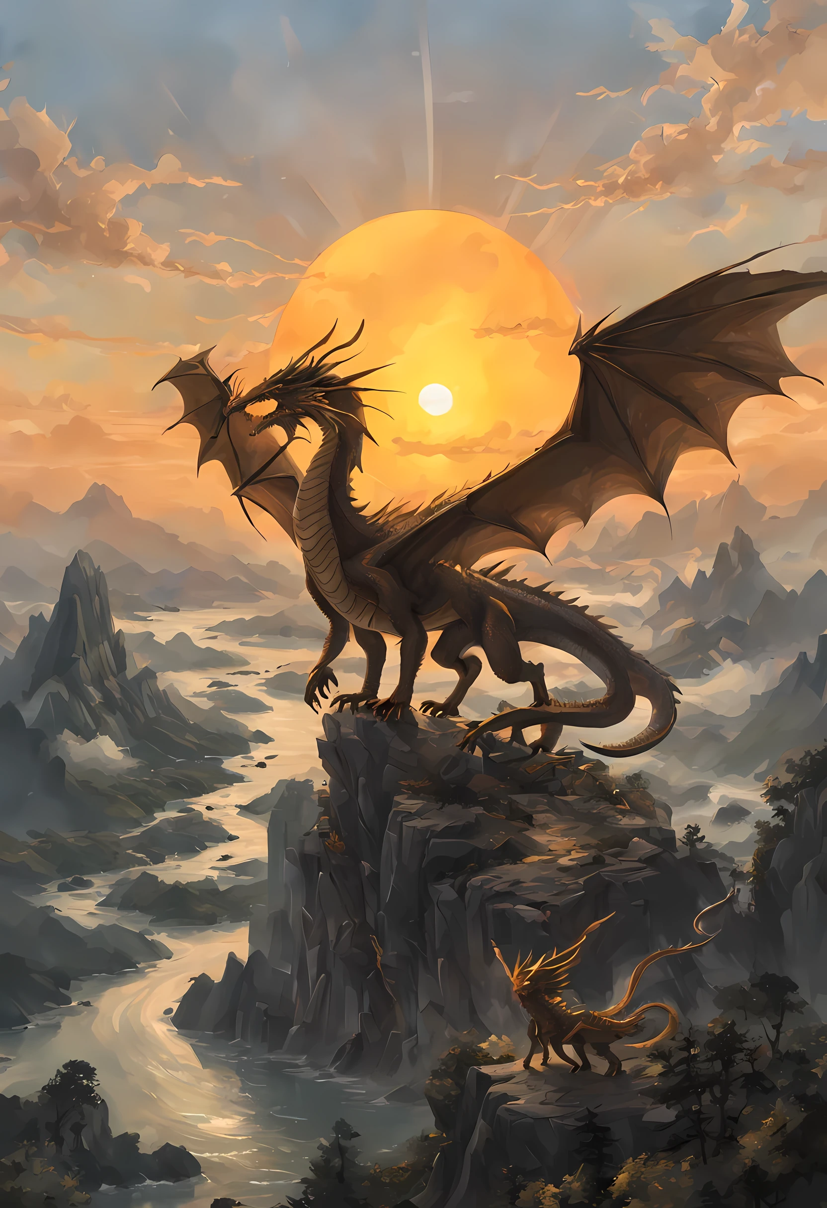 antasy art, dnd art, RPG art, wide shot, (masterpiece: 1.4) a silhouette of a dragon that spread his wings on top of a mountain as the sun rises behind him. reflection light, high details, best quality, 16k, [ultra detailed], masterpiece, best quality, (extremely detailed), the sun (cast a shadow behind the dragon: 1.5), sun rays, clouds, ultra wide shot, photorealistic, RAW, fantasy art, dnd art, fantasy art, realistic ar
