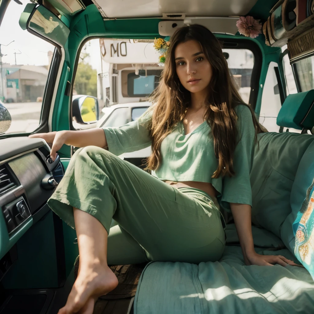 Girl in hippie van, beautiful, 8k, ultrarealistic, perfect texture, masterpiece, wearing long pants, green top, she is barefoot, her hair is brown with flowers, model, 26 years old, amazing lights, she is barefoot
