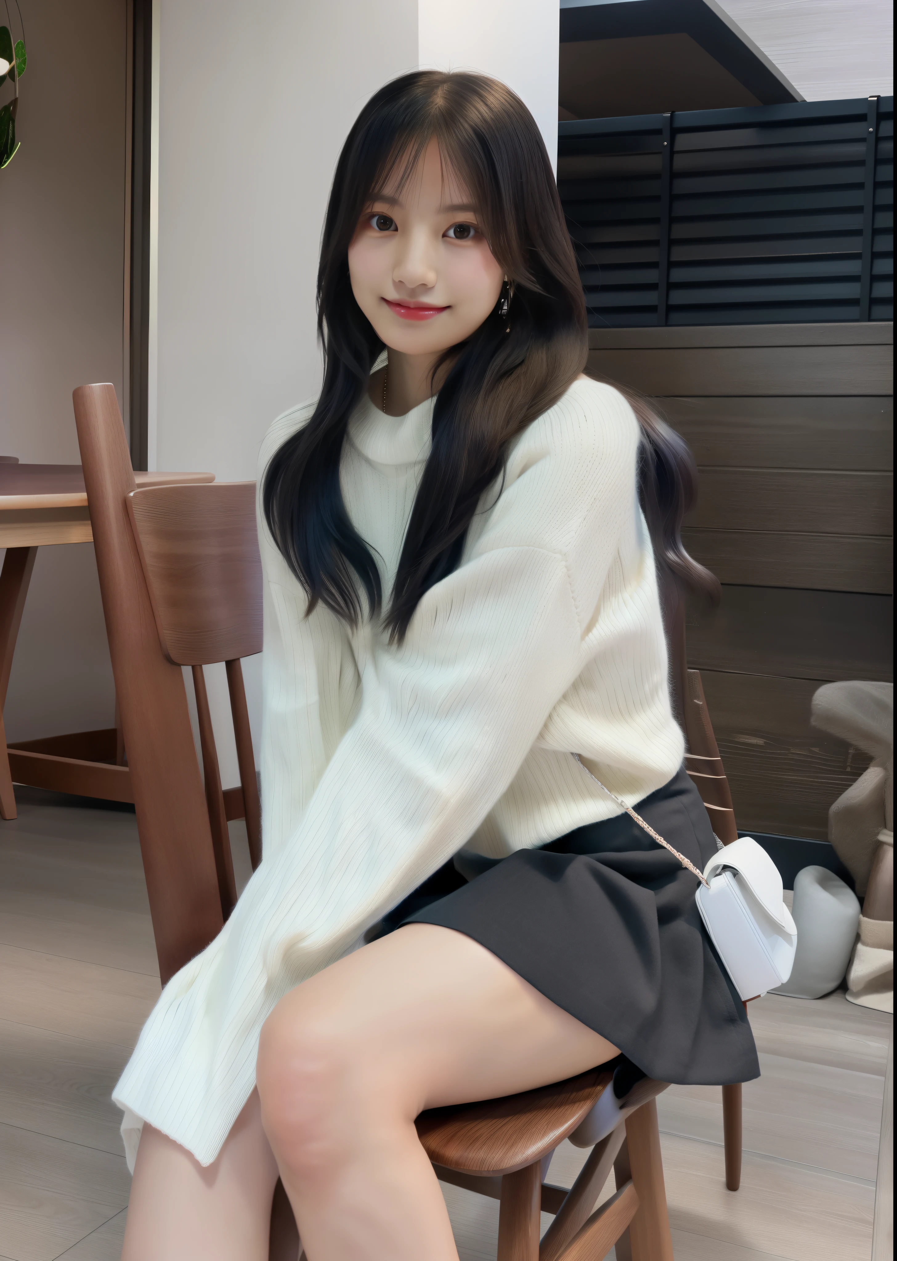 A 4-year-old child wearing a white sweater and black skirt sits on a chair, ulzzangs, Korean Girl, korean female fashion model, Gorgeous young Korean woman, bae suzy, reluvy5213, young and cute girl, Jinyoung Shin, sakimichan, 8K)), Beautiful young Korean woman, Good young girl, roseanne park of blackpink