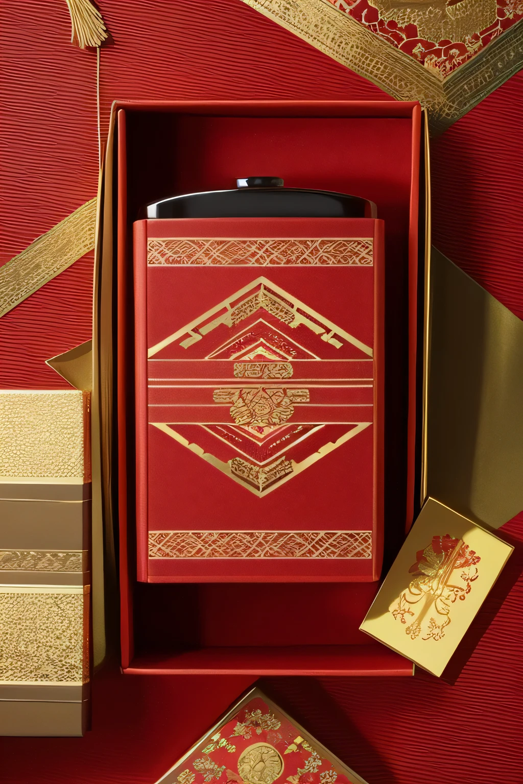 gift box design，Rectangular tea gift box，There are patterns on the gift box，There is a longevity pattern on the gift box、The gift box has the eaves pattern of the Forbidden City，New Year style gift box，There is a snake in 2025 on the gift box，Gift box is red background，Decorated with gold color，The gift box has a very linear feel as a whole，Chinese style