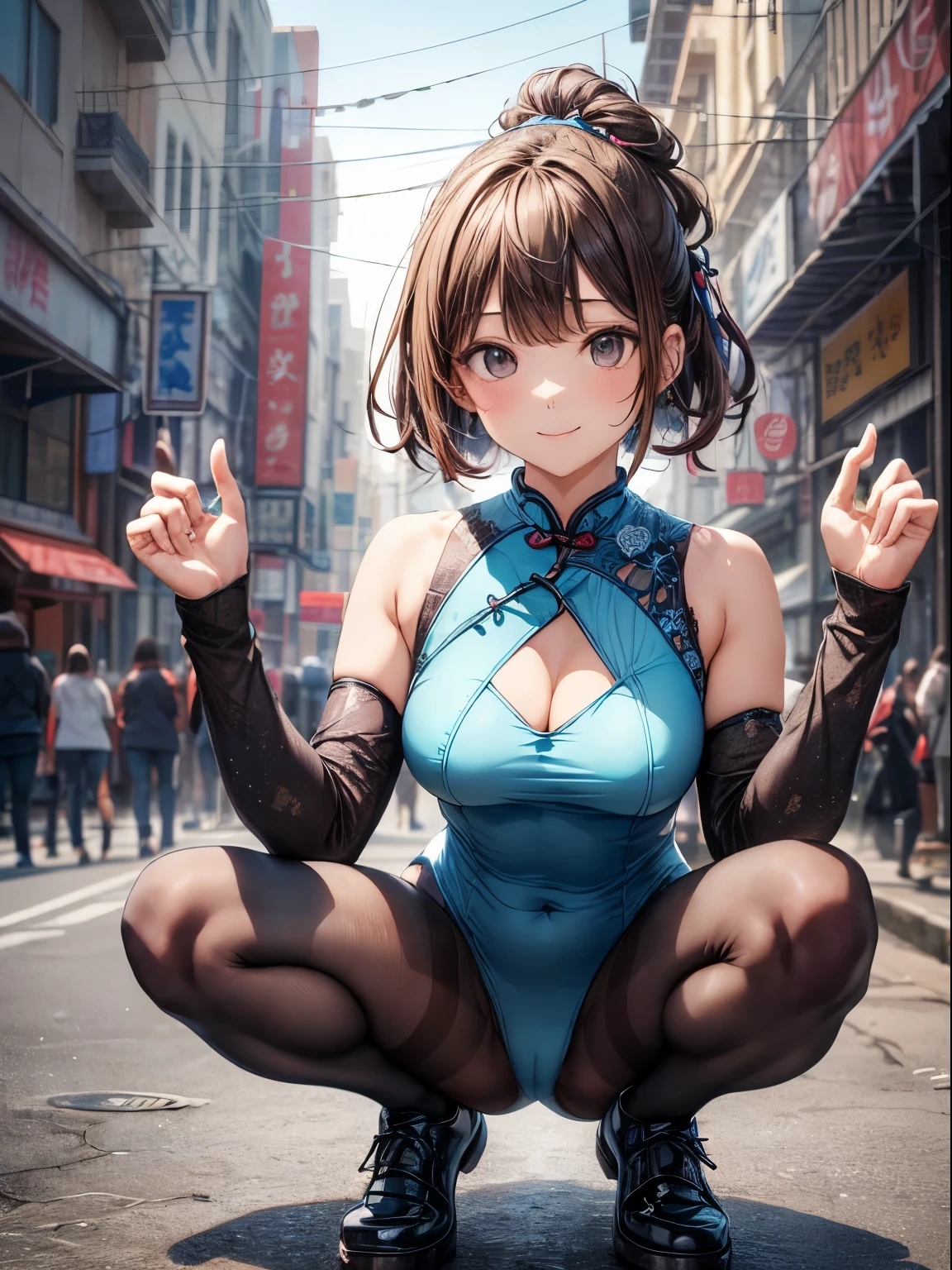 top-quality、Full limbs、complete fingers、((one beautiful women))、Beautiful busty woman、Shorthair woman、poneyTail、Woman with dark hair、((light blue cheongsam leotard:1.3))、Chinese pattern leotard、((Brown pantyhose:1.2))、A big smile、Chinatown streetscape、squatting