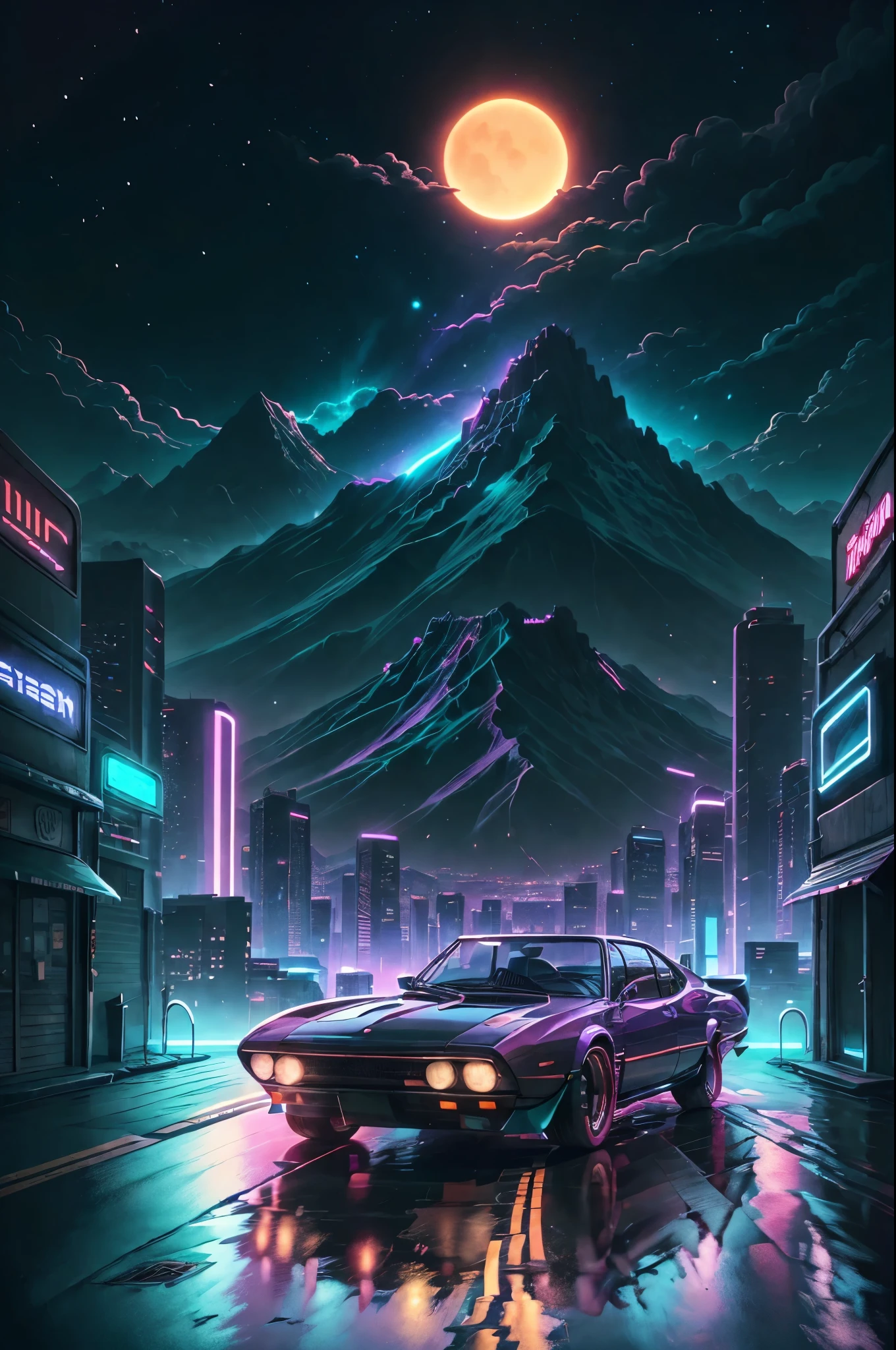 retrowave. city, 1969 Nissan S30, wide body kit, road, purple neon lights, sun, mountain,
(masterpiece,detailed,highres),