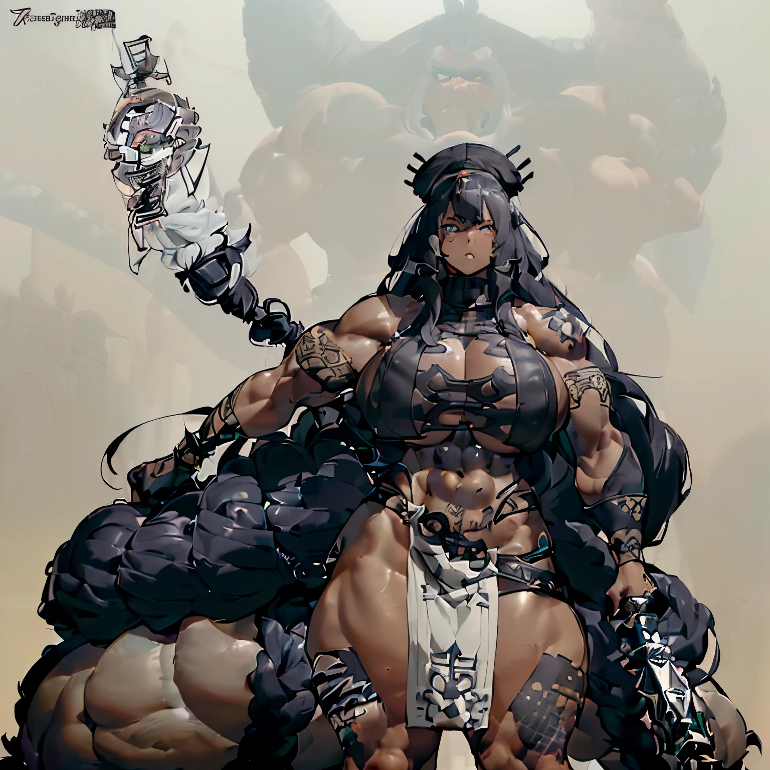 (Very angry girl with dark grey skin and tribal tatto), ((1girl)), white hair, crazy messy curly long hair, (white eyeusculars), (thick thighs), solo, very angry, ((dark grey skin)), (10 pack abs), long leg muscular thighs, (strong jawline), ((((big huge saggy long tittieig muscular wide broad shoulders), wide hips huge, wide waste, (( very big muscular veiny arm)), big trapeziusfur coat, black crop top turtle neck sweater with no arm sleeves, fur cloak, ( military cap), (tribal loincloth dress), Golden barbarian belt, (holding weapon in the right), tribal garb clothing, thicc milf, muscular,