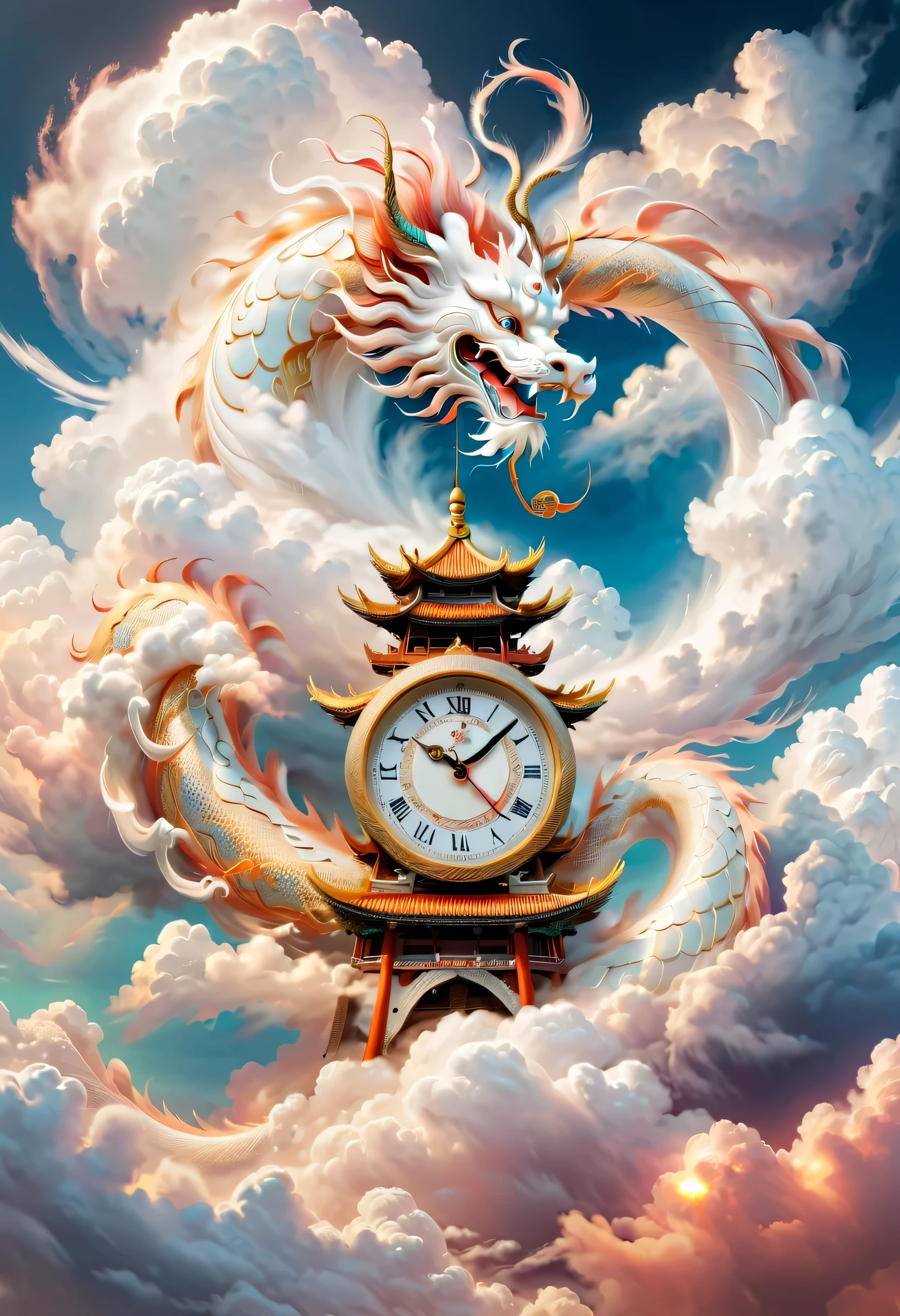dragon winding clock。Clock 12:00。oriental mythology。White dreamy。clouds。许多的彩色clouds。
