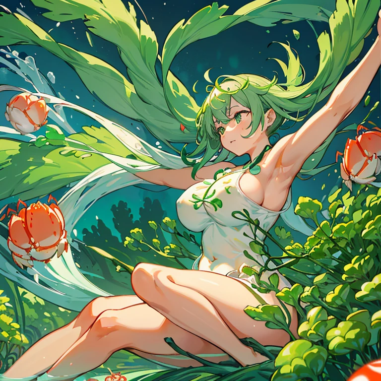 （A jelly-packing girl floats with a procession of large spring roll jelly balls.）、Amazing dynamism、Amazing Angle、unstable buoyancy sandstorm、((Many friendly oversized green onions floating and branching out))、(((surround each other&#39;bursting extra large crab)))