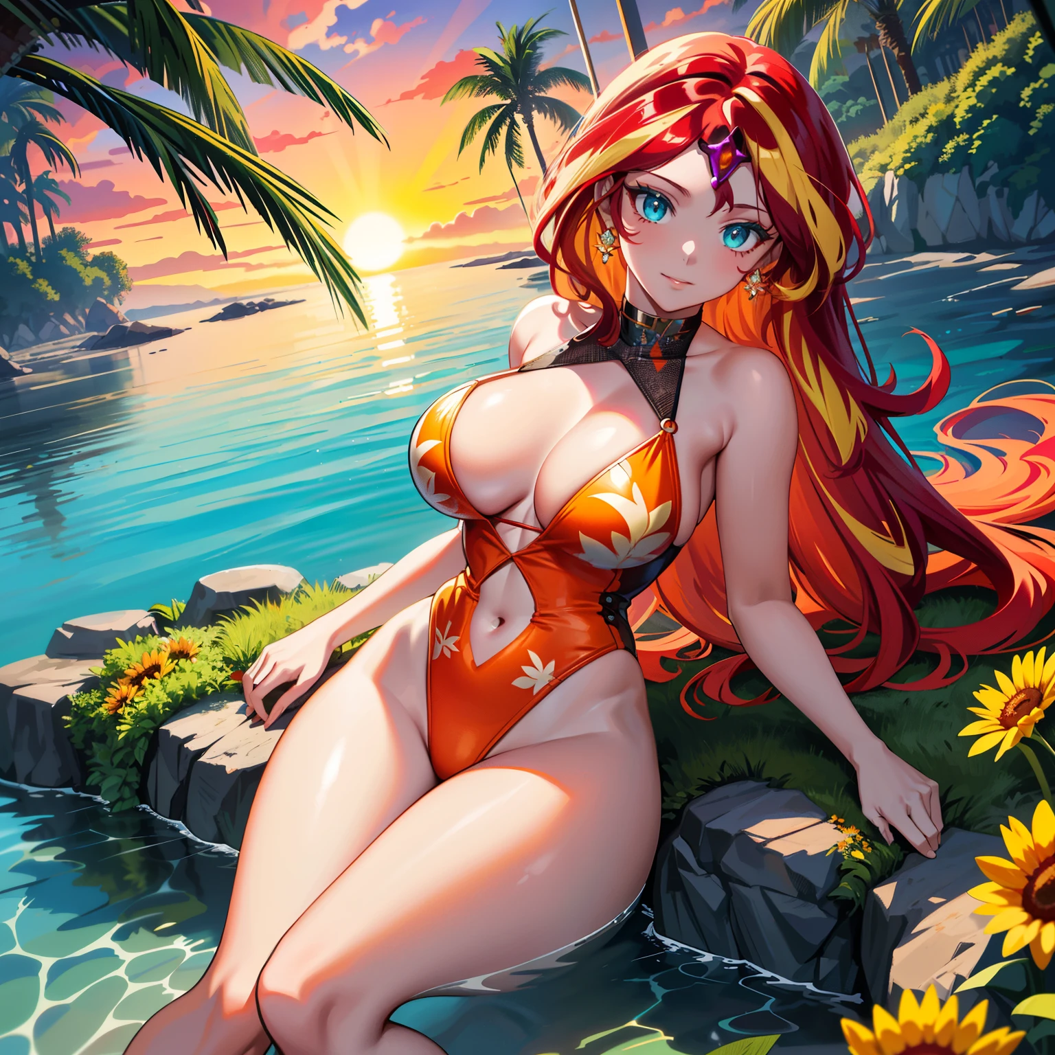 sunset shimmer, sunset shimmer from my little pony, sunset shimmer in the form of a young woman, big breasts, lush breasts, two tones of hair, red and yellow hair, in the beach, red and yellow flowers, solo, one character, red and yellow one piece swimsuit: 1.5, fire pattern on her swimsuit, thin, turquoise eyes, gentle smile, beautiful detailed beach: 1.5, trees, ACER PALMATUM trees: 2.5, rose flowers every: 1.5, rose garden: 1.5, so many connected ponds with lily pads and flowers on it beautiful pond: 2.0,, lily pads, sunflower flowers everywhere: 2.0, extremely long hair, SUNSET: 2.0, SUN SETTING: 2.0, bright glowing orange evening sky, ethereal sky, red thigh high with fire patterns of it, highly detailed legging, reflection on water, bright glowing shimmering eyes, vibrant atmosphere: 1.0, breath taking scenery: 2.0, HIGHLY DETAILED LIGHTING:1.0, dramatic lighting, so much foliage, different varieties of colorful flowers all around her those flowers attract butterflies, highly detailed butterflies, ((one really thin orange straight horn on her forehead: 1.0)), two orange cat ears: 1.0, arbours decorated with flowers and bushes