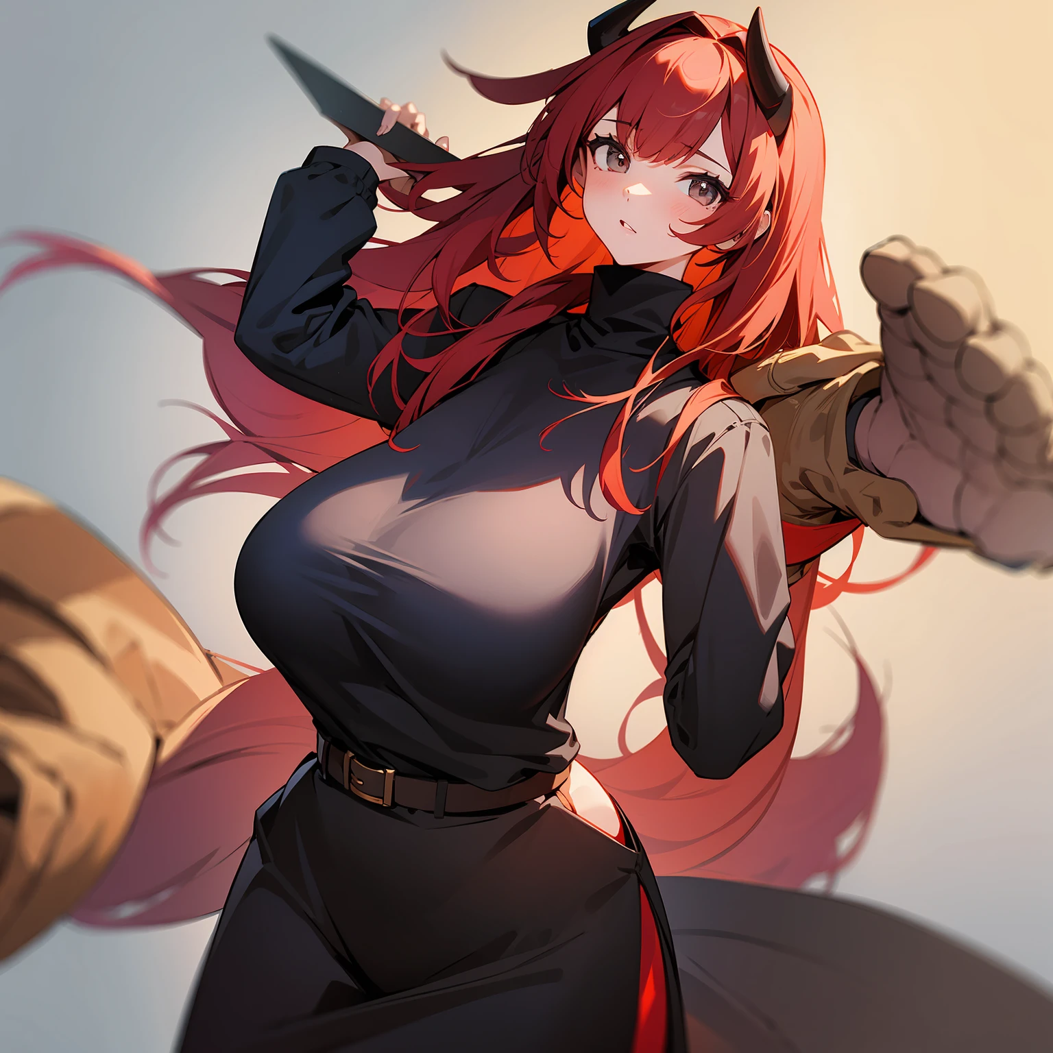 1 Girl, with big breasts, red hair, long hair, gray eyes, wearing a black turtleneck sweatshirt, a square red skirt, with medium-sized yellow horns on her head,