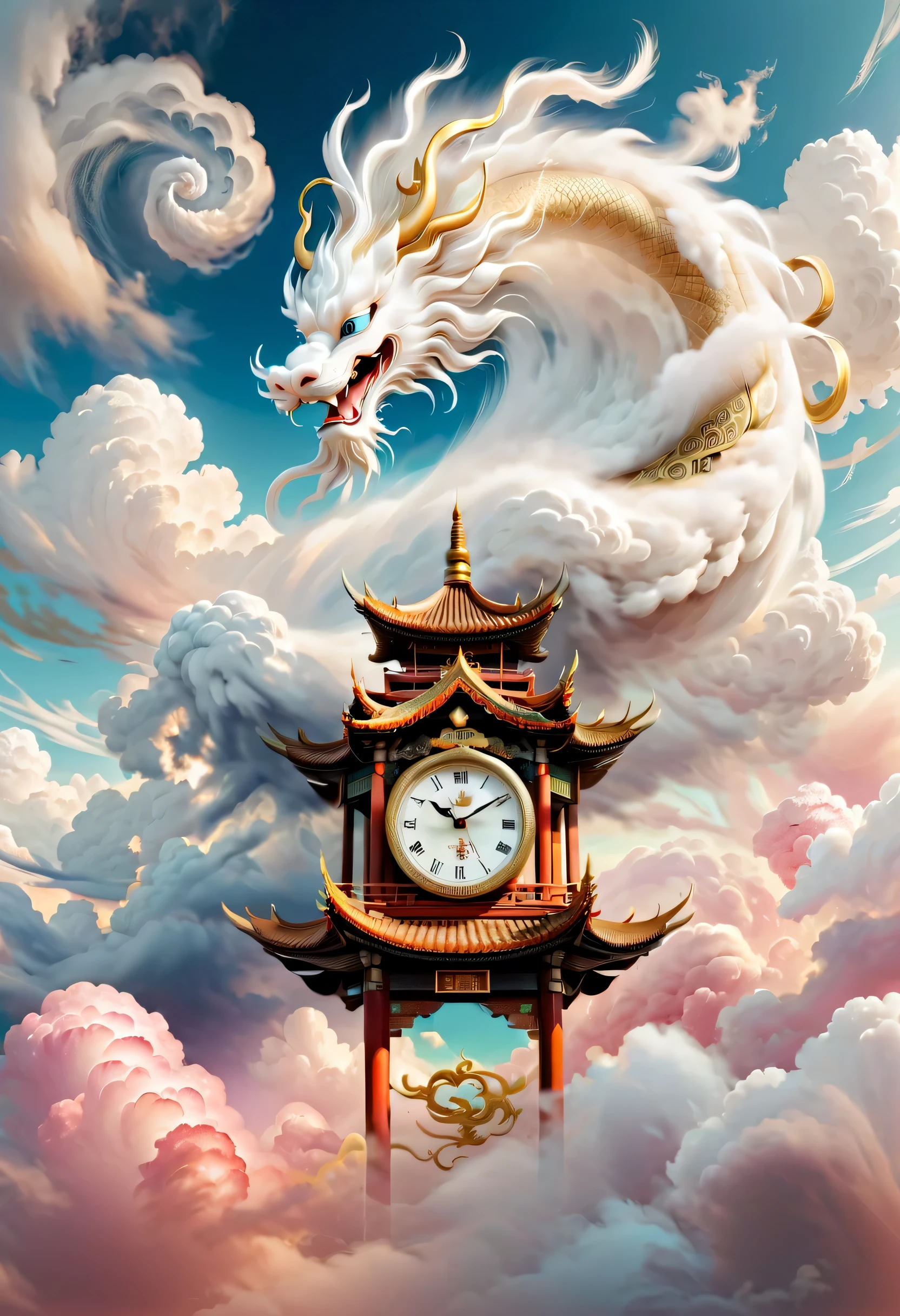 dragon winding clock。oriental mythology。White dreamy。​​clouds。许多的彩色​​clouds。