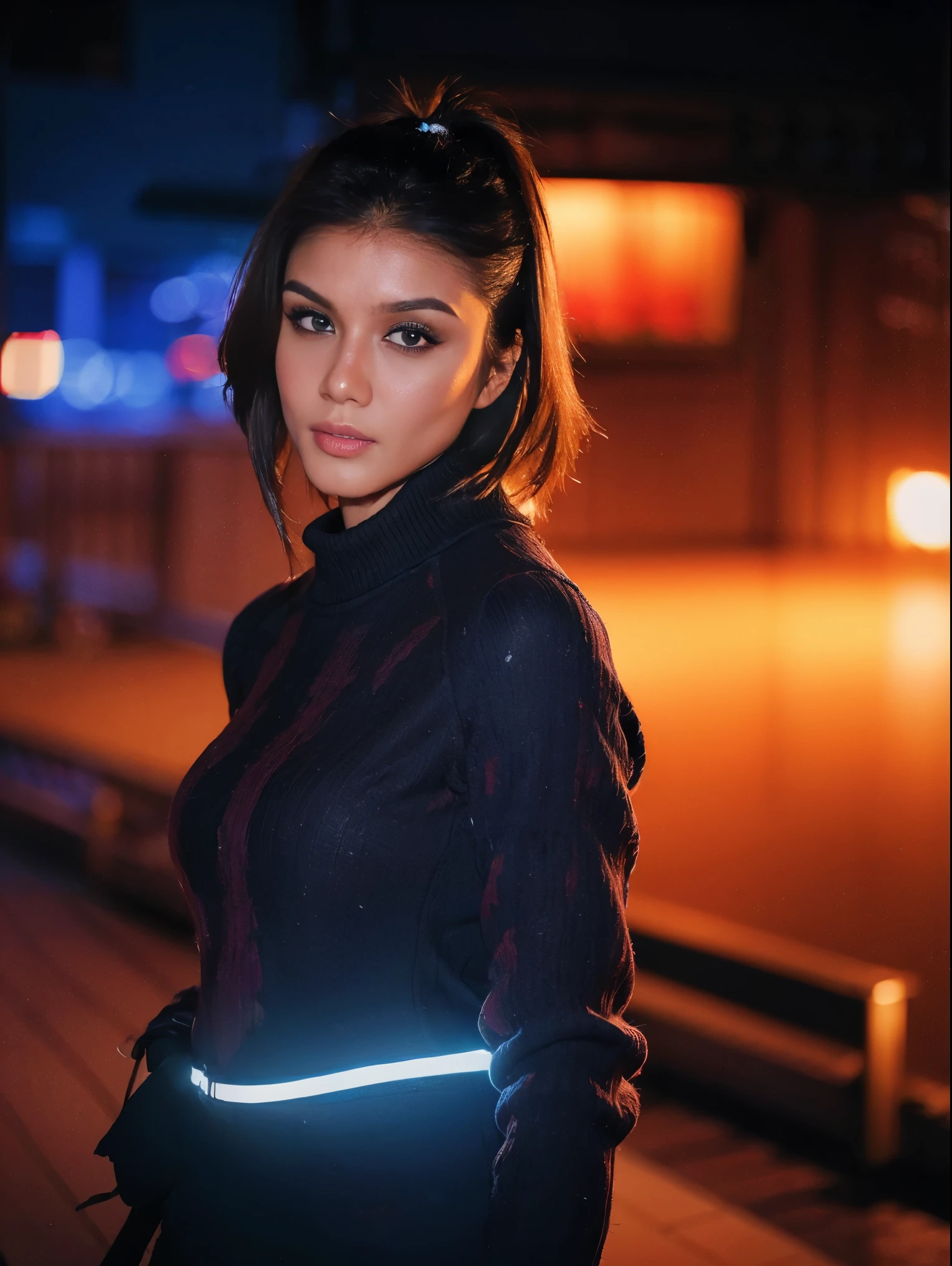 medium body shot, looking at viewer, cyberpunk, neon lights, mechanical suit, artificial arms, rainy, at night rainy with mist and fog, wet, soft colors, masterpiece, high quality, (high detailed skin:1.1)