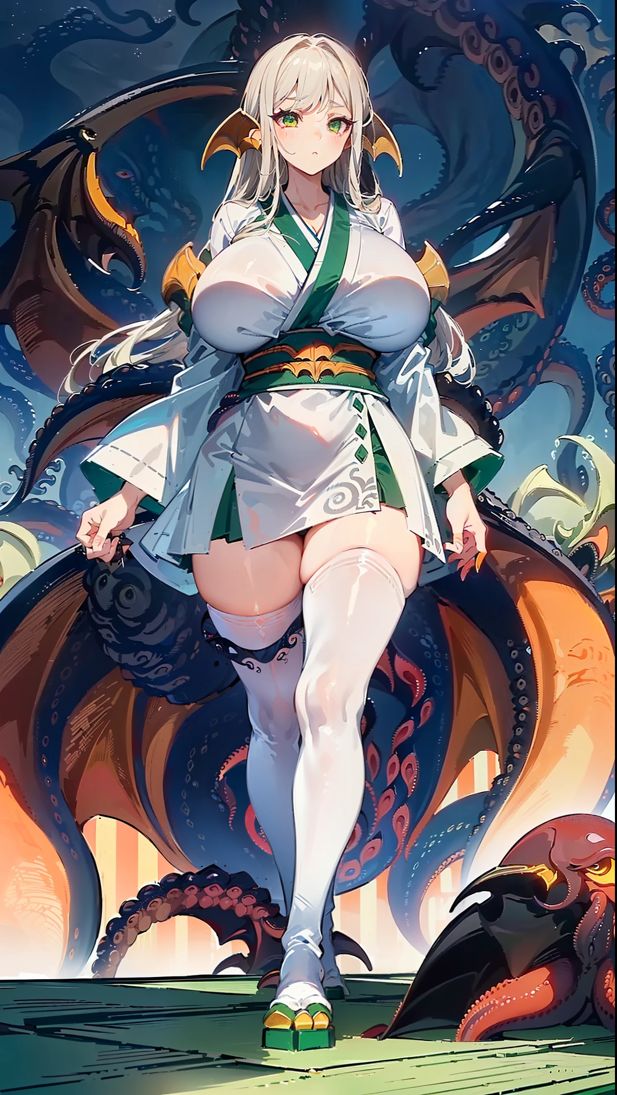 (((((A giant Cthulhu towering in the distance)))))、anime girl with a very large breast and a very long black hair, nime girl, by Shitao, Best Anime 4K、((edo period))、sparklers、((Tatami mats))、(ninjartist)、(knifes)、thigh-high socks、((end of the world))