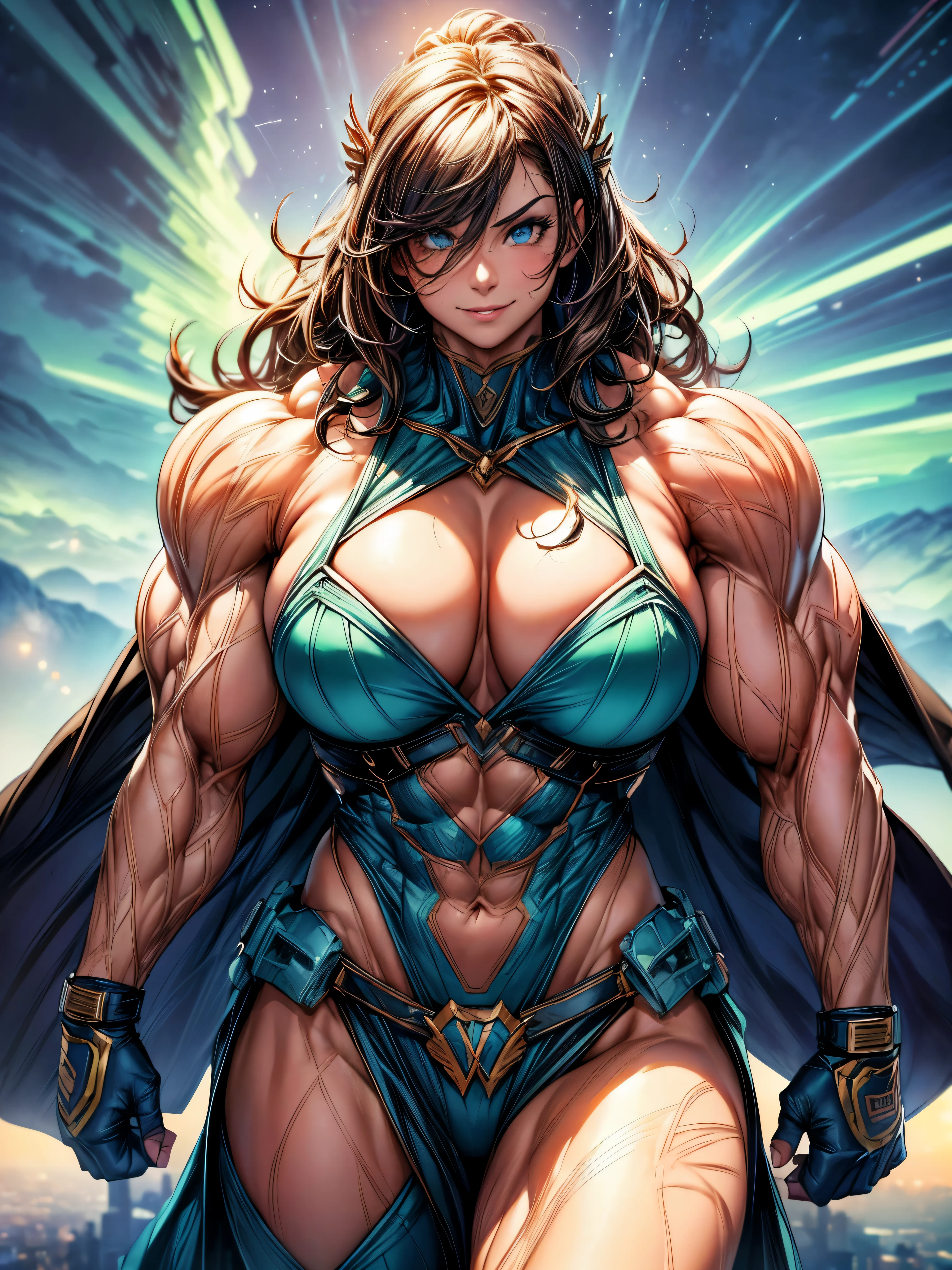 "(best quality,highres:1.2),ultra-detailed,realistic,superhero girl,incredible strength,flying through clouds,shining cape and mask,confident posture,sparkling eyes,aurora borealis backdrop,vivid colors,dynamic lighting,comic book style,action-packed scene,strong muscles,cityscape in the distance,powerful energy bolts,protecting the world,inspiring courage and hope, masterpiece, best quality:1.2, ((muscular:1.5)), ((smile)),((lauiuscle:1.5)),(dry_muscle)),((huge_muscle:1.5)), female:1.5,Dark from front, upper_body, laugh, flex muscle,