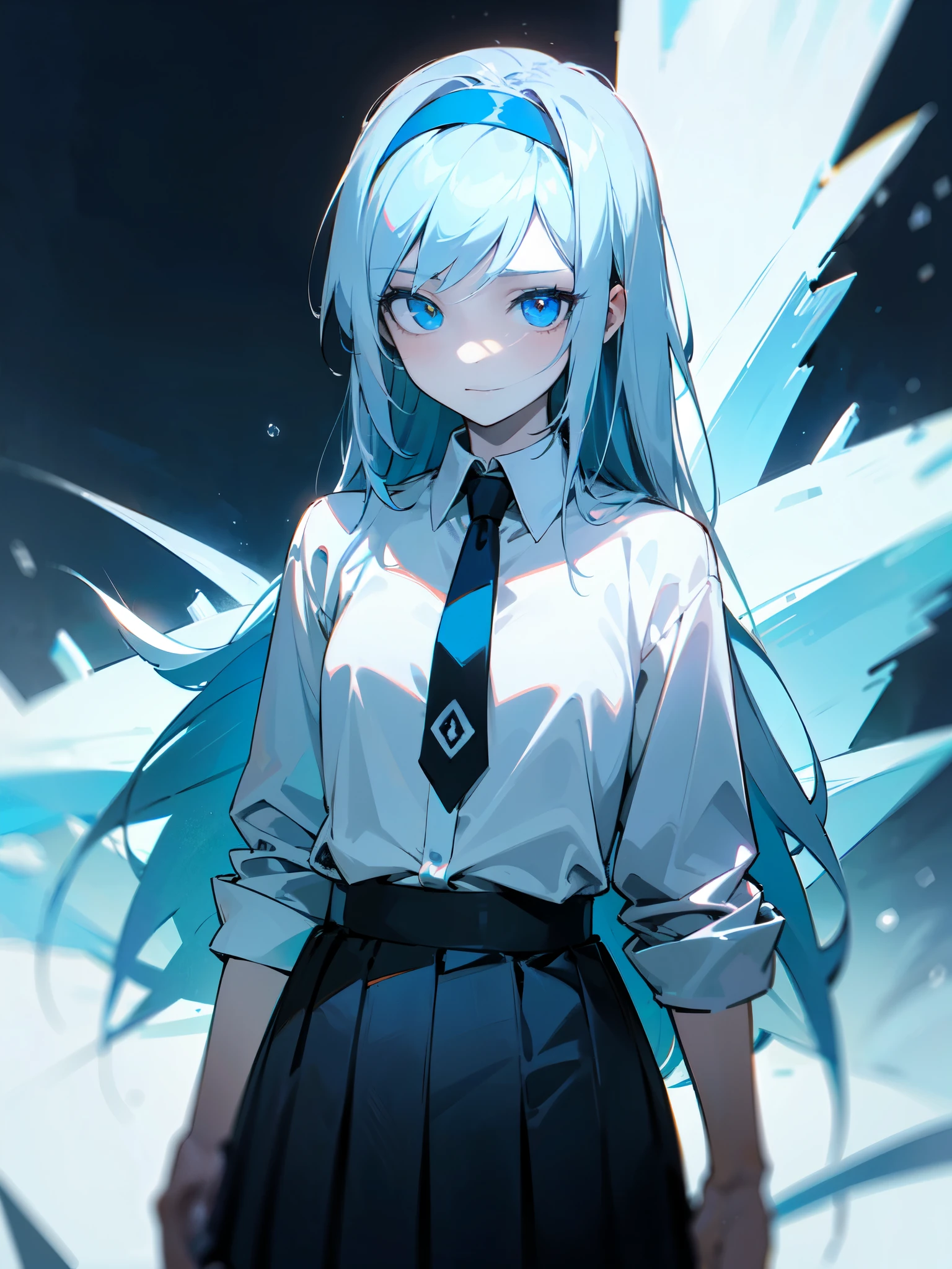 (finely detailed beautiful eyes: 1.2), ((best quality)), ((masterpiece)), (highly detailed:1.3), little girl, frost, ice crystals, cryokinesis, ice magic, darkened eyes, exhausted, emotionless, hairband, small breasts, long hair, highlighted blue hair, blue eyes, pale skin, white blouse, black skirt, medium length skirt, tie,