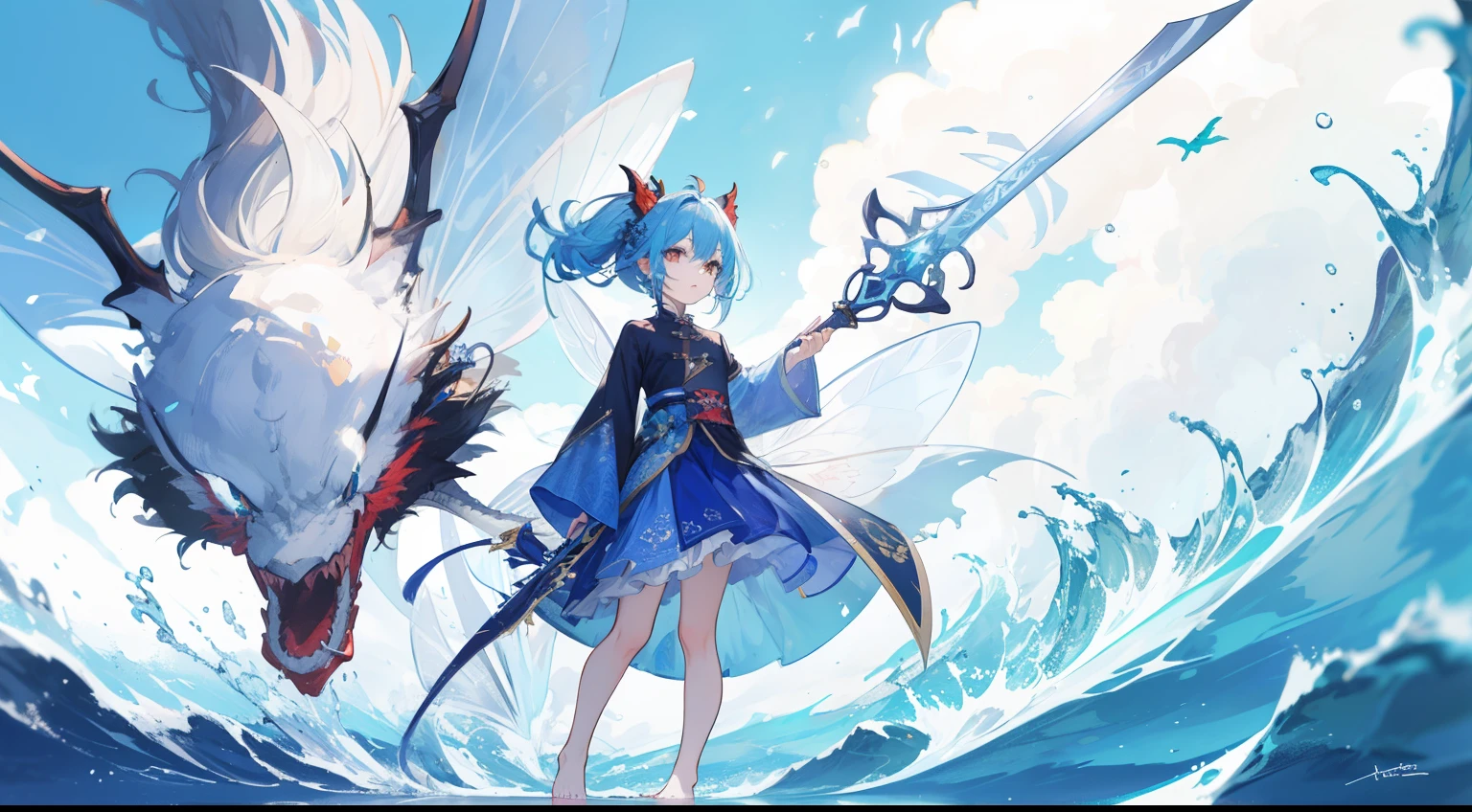 ((Best quality at best)), ((tmasterpiece)), (detailed), s the perfect face,Beautiful face,A fairy,Wearing blue clothes,Hold a sword in hand,有着chinesedragon在身边环绕,Fairy wind road bone,chinesedragon,Feet on the sea,Light movements,Small feet,Blue sky,Fairy style,Dissection is correct,