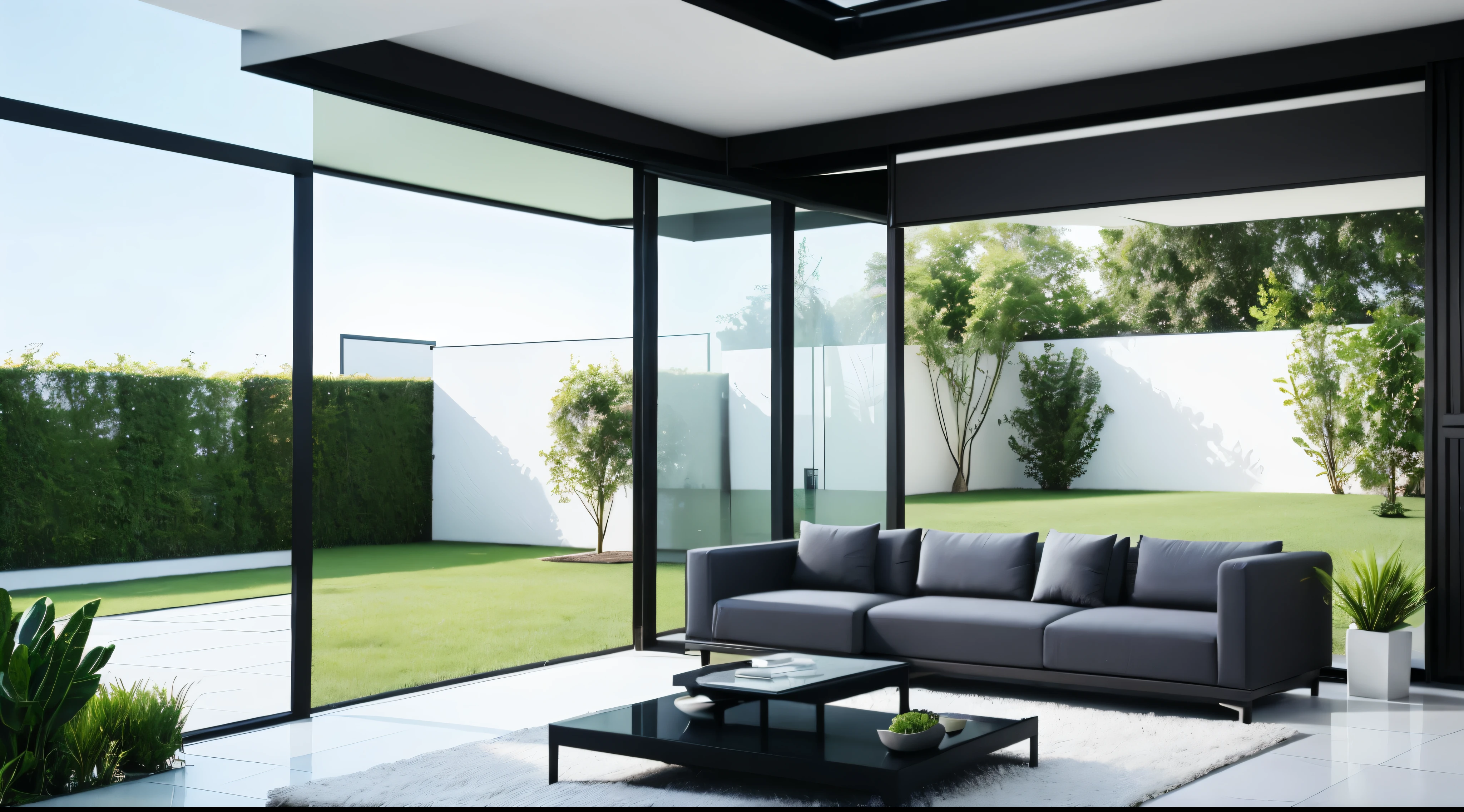 You are a famous interior designer、You have been asked to create a 3D image of a modern large room. Create a harmonious environment with modern and minimalist furniture. Including garden interior.