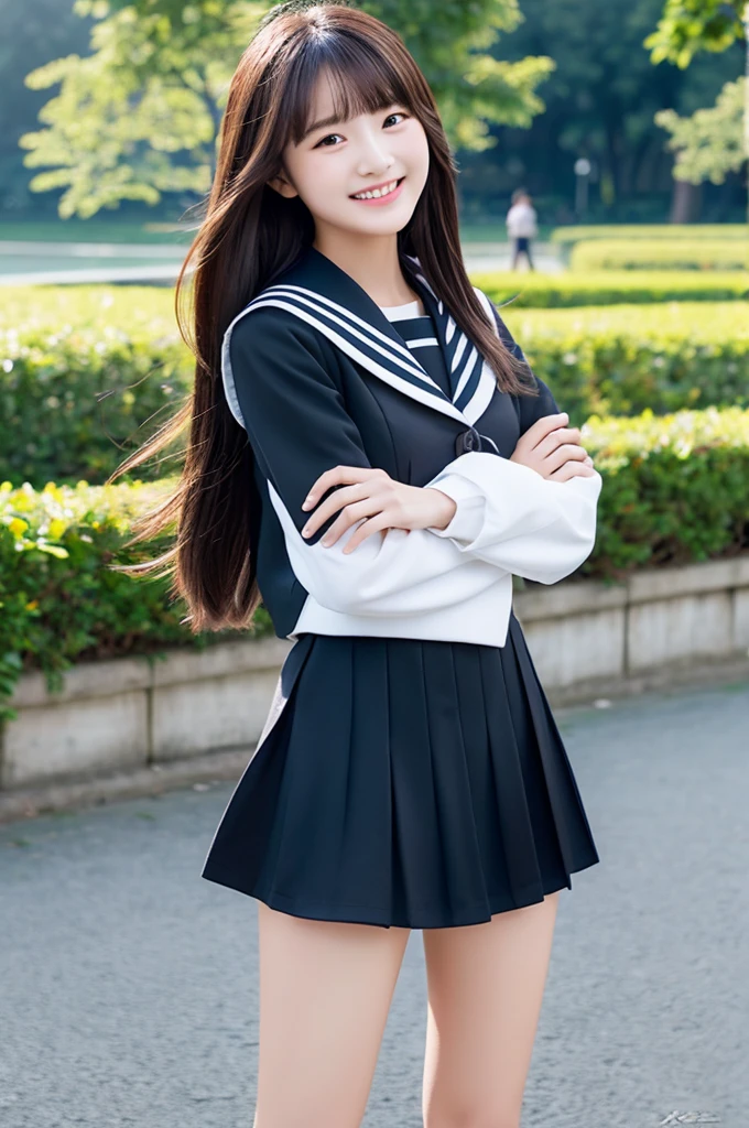 top-quality、masterpiece、hight resolution、4K、real 18 year old woman、Black sailor suit、Pleated mini-skirt a park、a smile、Semi-long hair、1girl in、