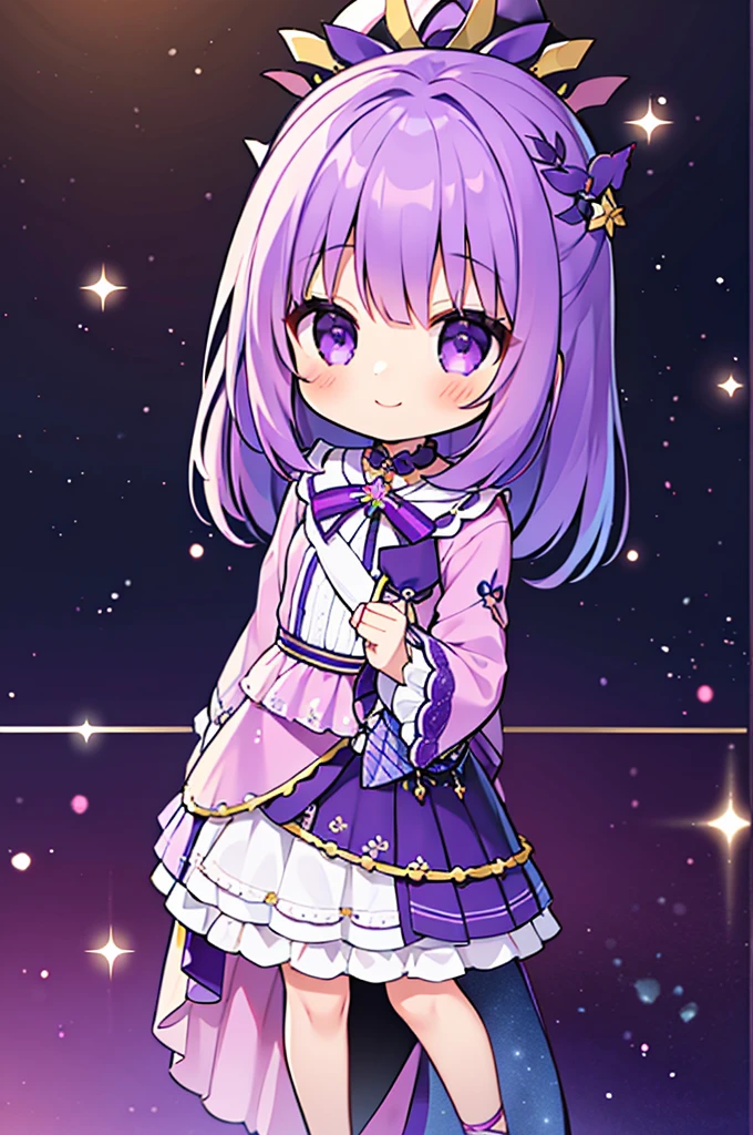 masterpiece, top-quality, 1girl in, shorth hair, , Purple hair、Purple eyes、Idol、cute purple dress、ハート型のkirakiraした目、a smile that charms you、kirakira.