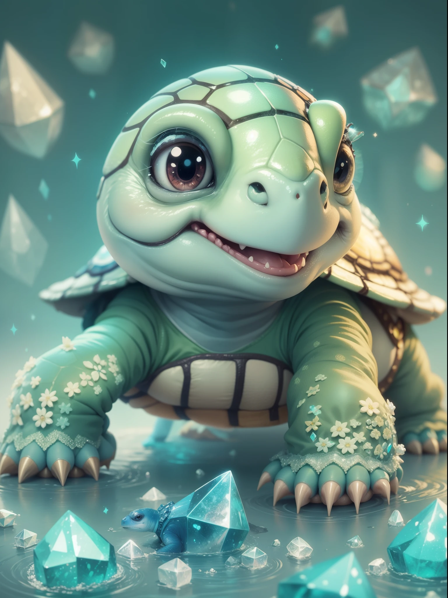 Cartoon illustration of baby turtle with hoof studded in crystals, Portrait of a cartoon animal, magical character, official illustration, cute portrait of a baby turtle with hoof studded in crystals