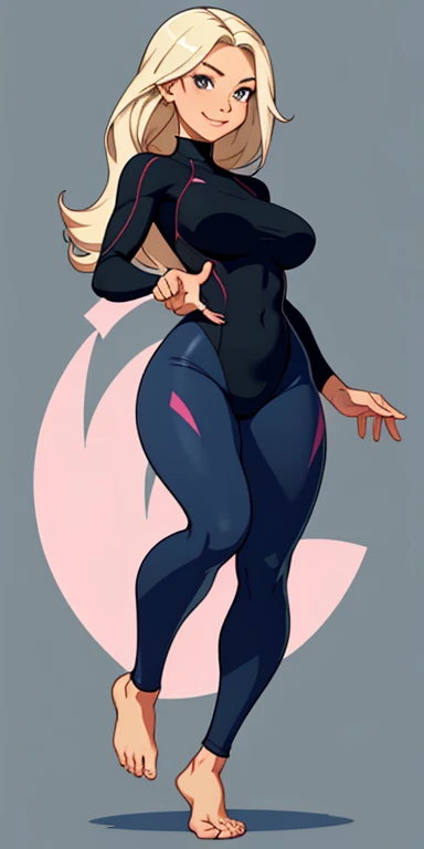 A beautiful cute well endowed barefoot woman wearing a skintight clothes, looking happy.