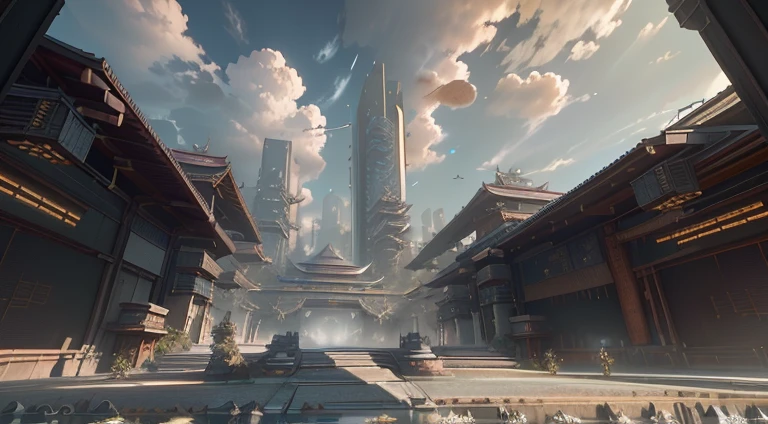 Oriental science fiction,平行时空的中国mirai城市,Sci-fi complex,mirai,Takamatsu new architectural style,《Cyberpunk 2077》in oriental architecture,There are complex mechanical structures on the building,Industrial feel,The roof emits lasers,warm sunlight,Nice skybox,Metal decorative elements,Highly detailed fantasy art,G-Six Continuous Art Style,Beautiful 3D concept art,unreal 5 render,raytraced render,Concept Art of Game,human development index,Many ancient trees,Sea of Clouds,trends in art station,CG dynamics,halfway art,ultra detailed concept art,Unreal Engine 5 renders detail、Unreal Engine 5 environment,- Ultra-wide angle,-Overlooking,