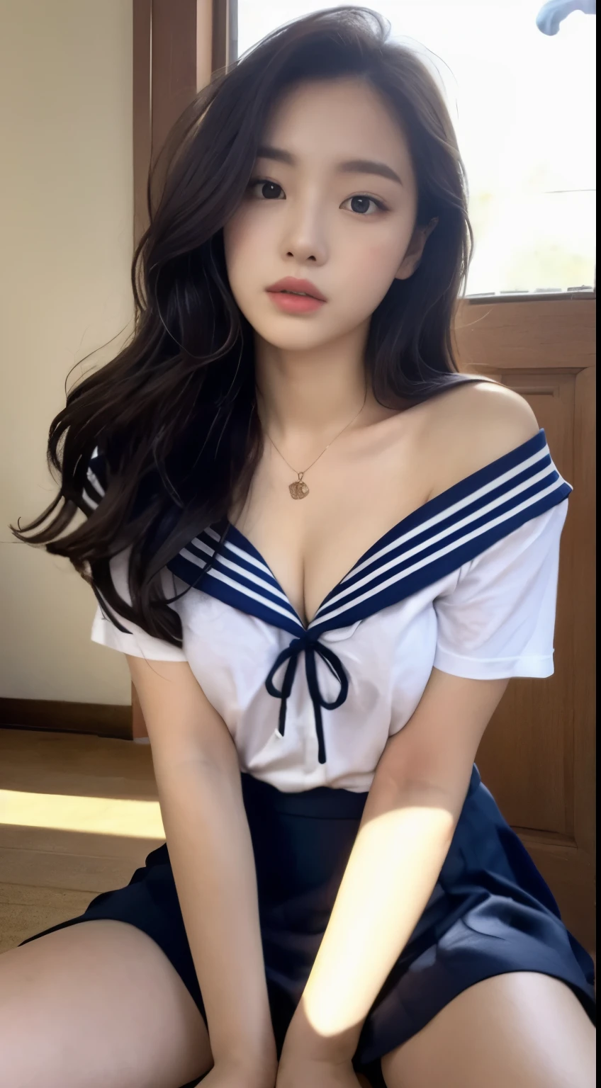 A female student wearing a short skirt and a sailor suit with her skirt rolled up and disheveled., , a hyperrealistic schoolgirl, in a white shirt, Hot with shining sun, A woman with the same face as last time，４Ｋ、１Man Woman、A slender、 Loose wavy styling 、,Open legs、 a hyperrealistic schoolgirl, Be braless、The chest is open、Nipples are erect、、captivating and enticing、FULL BODYSHOT、Including face and skin texture.，Detailed eyes、a seductive look