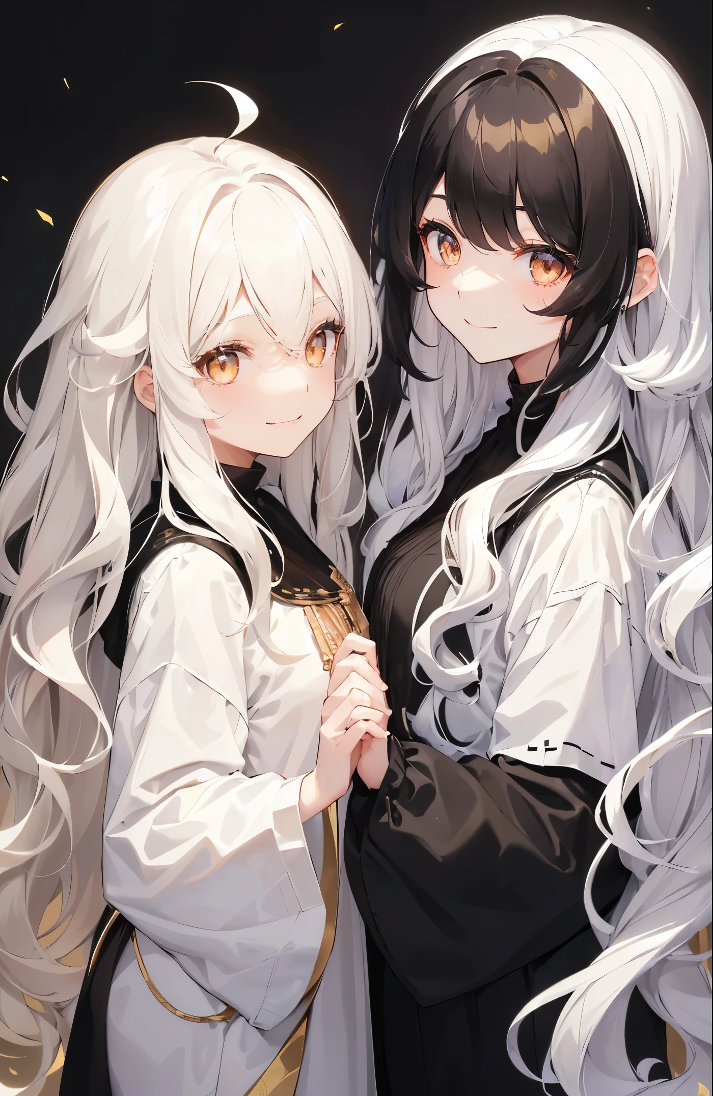 1womanl, ((Long wavy hair)), ((Half of her hair is white、The other half is black、Divided into 2 colors)), swept bangs, ((Golden Eyes)), Smile, Modern clothes