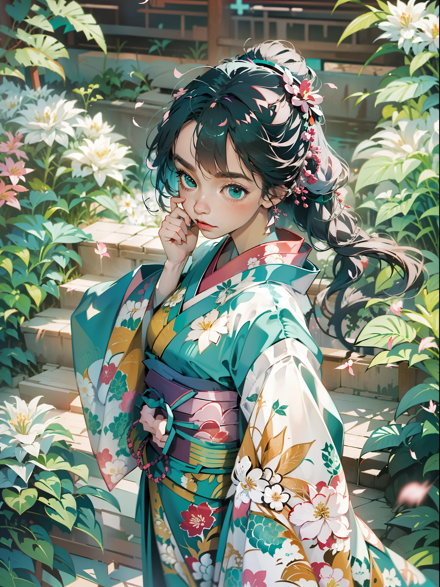 1girl, solo, from above, (white lily flowers), aesthetic, intricate, best quality, detailed background, Sayaka Miki, ((girl wearing a patterned teal kimono:1.2)), (walking in zen garden),  casual pose, detailed textures, posing, floral print, hair flower, hair ornament, japanese clothes, kimono, obi, outdoors, pagoda, petals, (teal kimono), sash, shrine, sky, stone stairs, torii, wide sleeves, yukata