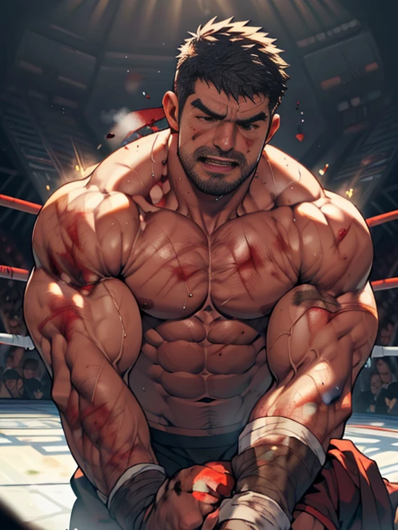 3D Photorealistic, Masterpiece realistic, best high quality, perfect details, RAW Photo, intricate details, nice lighting, 4K, detailed background, In the championship boxing match, A determined muscular boxing champion 45-year-old man, perfect wrinkle wearing pure white boxing trunk and red boxing gloves. wide abs (wide abs:1.4). His faces marked with grit and determination. Crowded audiences and nice lighting, nice face lighting, serving a boxing battleground. The banner signs overhead cast a surreal, flickering glow, adding to the atmosphere of raw energy. He looks firm in powerful boxing stances, as ready to start the fight in a next second. Unnoticed by the world beyond. It's a fight born of pride, rivalry, or perhaps a deeper conflict and pride, and it rages on with an intensity that can only be found in the unforgiving boxing stadium of the city. Intricate details, details of physic muscle, perfect body anatomy, perfect hand anatomy. hot beard, (look at viewer:1.6), (straight face:1.2), view from bottom (view from bottom:1.3), mouth open (mouth open:1.6), exhausted (exhausted:1.9), bruise (bruises:1.9), shirtless (shirtless:1.9), bodily fluid (bodily fluid:1.8), bodily fluid (bodily fluid:1.8), bloody body (bloody body:1.9), bruised body (bruised body:1.99), bruised abs (bruised abs:1.99), bloody abs (bloody abs:1.9), nose bleeding (nose bleeding:1.8), mouth bleeding (mouth bleeding:1.7)