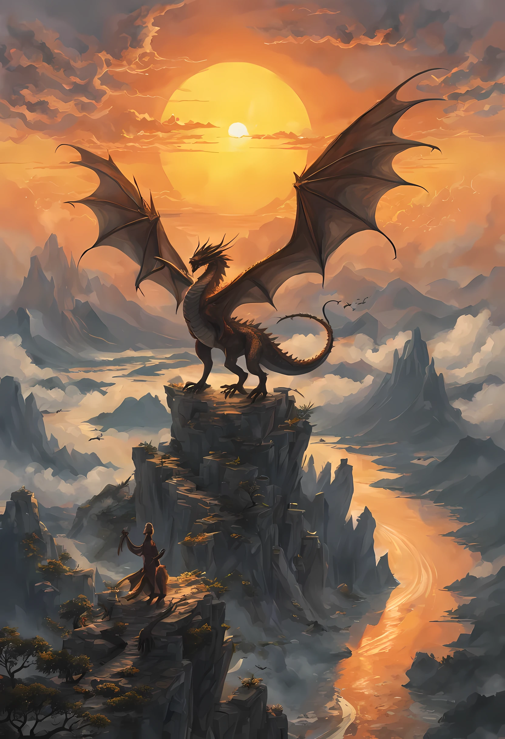 antasy art, dnd art, RPG art, wide shot, (masterpiece: 1.4) a silhouette of a dragon that spread his wings on top of a mountain as the sun rises at dawn behind him. reflection light, high details, best quality, 16k, [ultra detailed], masterpiece, best quality, (extremely detailed), the sun (cast a shadow behind the dragon: 1.5), sun rays, clouds, ultra wide shot, photorealistic, RAW, fantasy art, dnd art, fantasy art, realistic ar