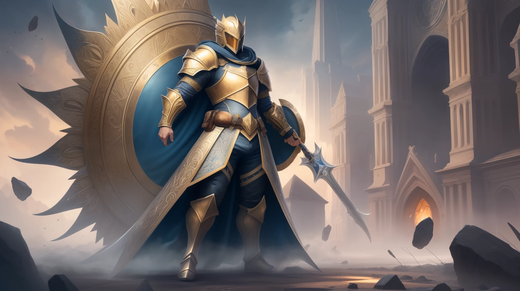 breathtaking A highly detailed digital painting of a powerful knight in armor holding a large, ornate shield in a heroic stance, extremely detailed full body knight in shiny silver armor with intricate patterns, standing in a dramatic pose, one hand holding a massive, circular shield with a glowing crest in the center . award-winning, professional, highly detailed, breathtaking shield has beautiful engraved swirls and runes, shining metal, cinematic lighting, illustration by artgerm and greg rutkowski and alphonse mucha, digital painting . award-winning, professional, highly detailed, detailed matte painting, deep color, fantastical, intricate detail, splash screen, complementary colors, fantasy concept art, 8k resolution trending on Artstation Unreal Engine 5 --auto --s2