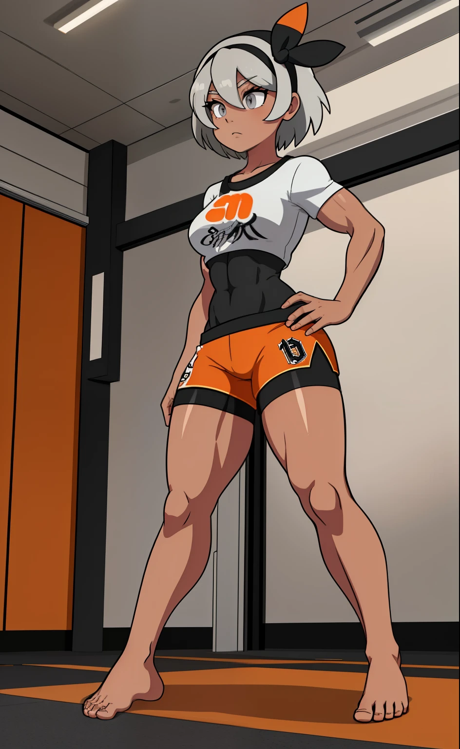 [bea], [pokemon], [uploaded to e621.net; (napalm_express)], ((masterpiece)), ((HD)), ((high res)), ((solo portrait)), ((full body)), ((front view)), ((feet visible)), ((detailed shading)), ((beautiful render art)), ((intricate details)), {anime girl; (dark-toned skin), (cute grey eyes), (short eyelashes), short white hair, (curvy hips), (defined muscles), (beautiful muscular legs), (beautiful feet), (expressionless)}, {(white shirt), (midriff), (bodysuit under clothes), (orange print shorts), (black hairband)}, {(standing), (looking in the distance)}, [background; (open room), (gym), (ceiling lights), (sun rays), (pink and orange sky)]