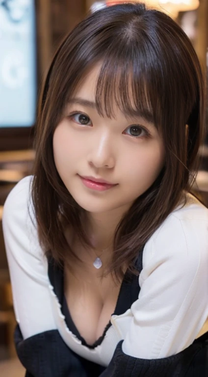 (Photorealistic), (ultra high realistic), (Ultra high definition), (ultra high detailed), (Increase contrast), (Increase saturation), (14 years old girl、a small face、Extremely beautiful face, natural make up)(fair white skin)(sparkly eyes)A pretty woman with perfect figure, innocent smiles,, (Lifelike face), a short bob、Hair hanging over the ears, (Tight black knit miniskirt dress、I can see the cleavage)(((White knee high boots)))japanese cute idol, I can see the cleavage) Brown hair,((Stylish café))、((the pose、Booty pose))Beautiful valley、beutiful breast、thin-waist、big butts、Fulll body Shot